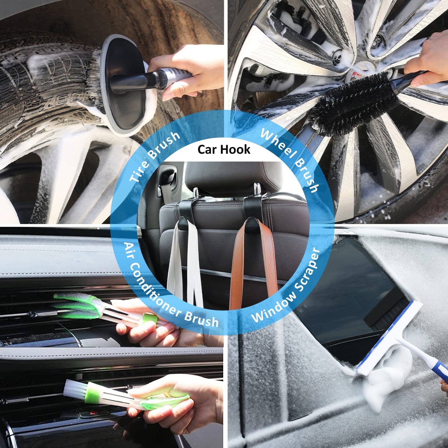 AUTODECO - Kit de 41 piezas de limpieza de coche, kit de limpieza de detalles interiores con aspiradora de mano de alta potencia, cubeta plegable, herramienta para parabrisas, pala de nieve, cepillo