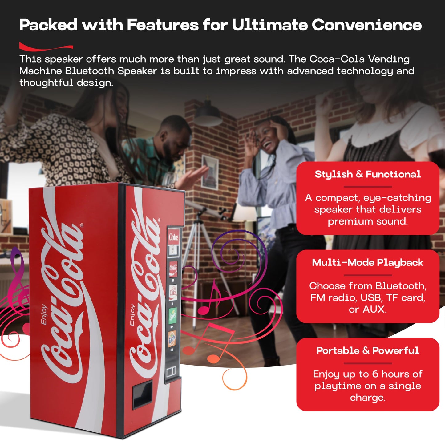 Coca-Cola - Bocina de máquina expendedora doble de 5 W, inalámbrica Bluetooth v5.3, con radio FM, reproducción USB/MicroSD, entrada AUX, alcance de 10 m, batería recargable, indicador LED, licencia
