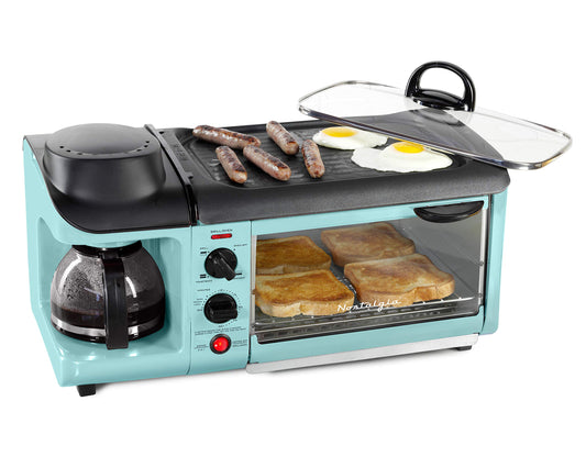 Nostalgia Estación de desayuno 3 en 1 – Incluye cafetera, plancha antiadherente y horno tostador de 4 rebanadas, versátil máquina de desayuno con temporizador, color aguamarina