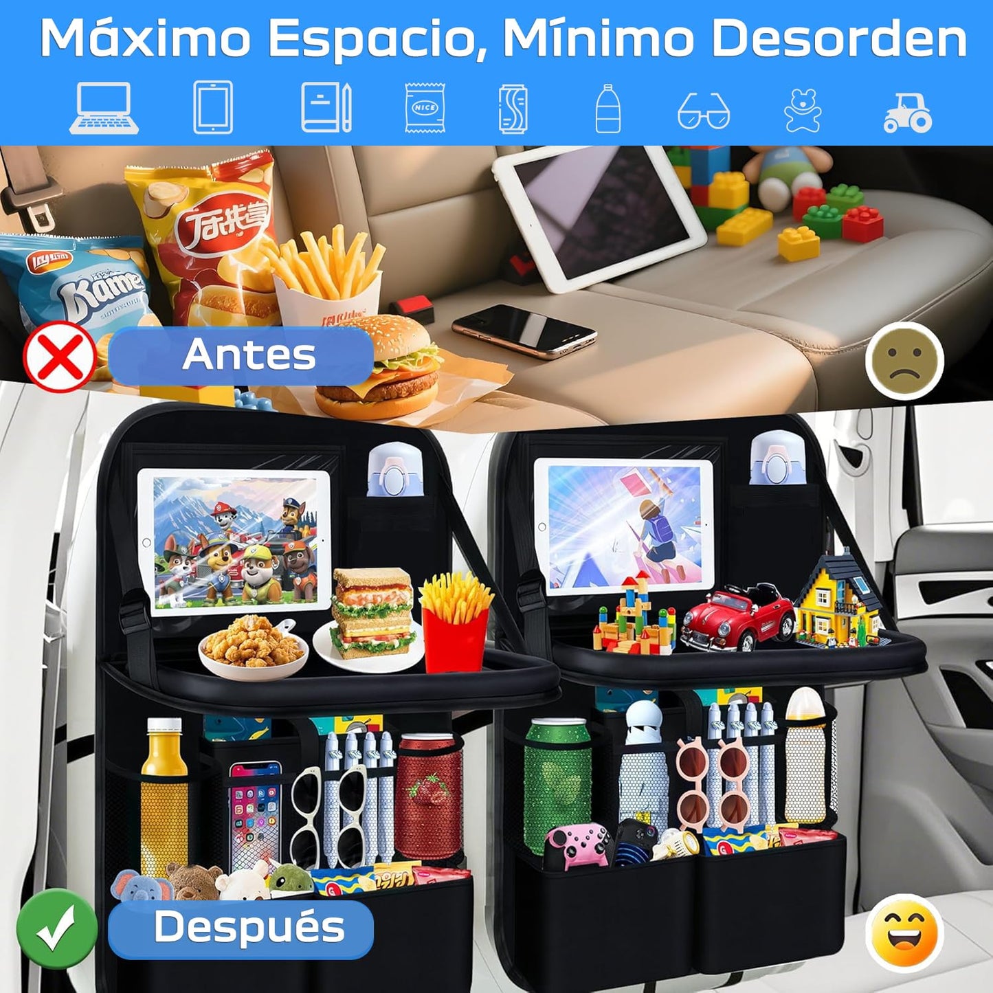 Organizador Asiento Trasero Auto con Bandeja, Bolsa de Almacenamiento para Asiento de Coche para Niños, Protector para Asiento Trasero Coche, Artículos Esenciales para Viajes Familiares por Carretera