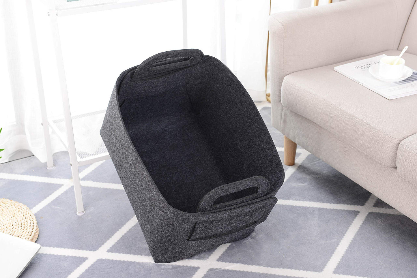 Cesta de almacenamiento de fieltro plegable y conveniente organizador con asas de transporte para oficina, recámara, clóset, bebé, juguetes de guardería, lavandería (gris oscuro, 18 pulgadas de largo