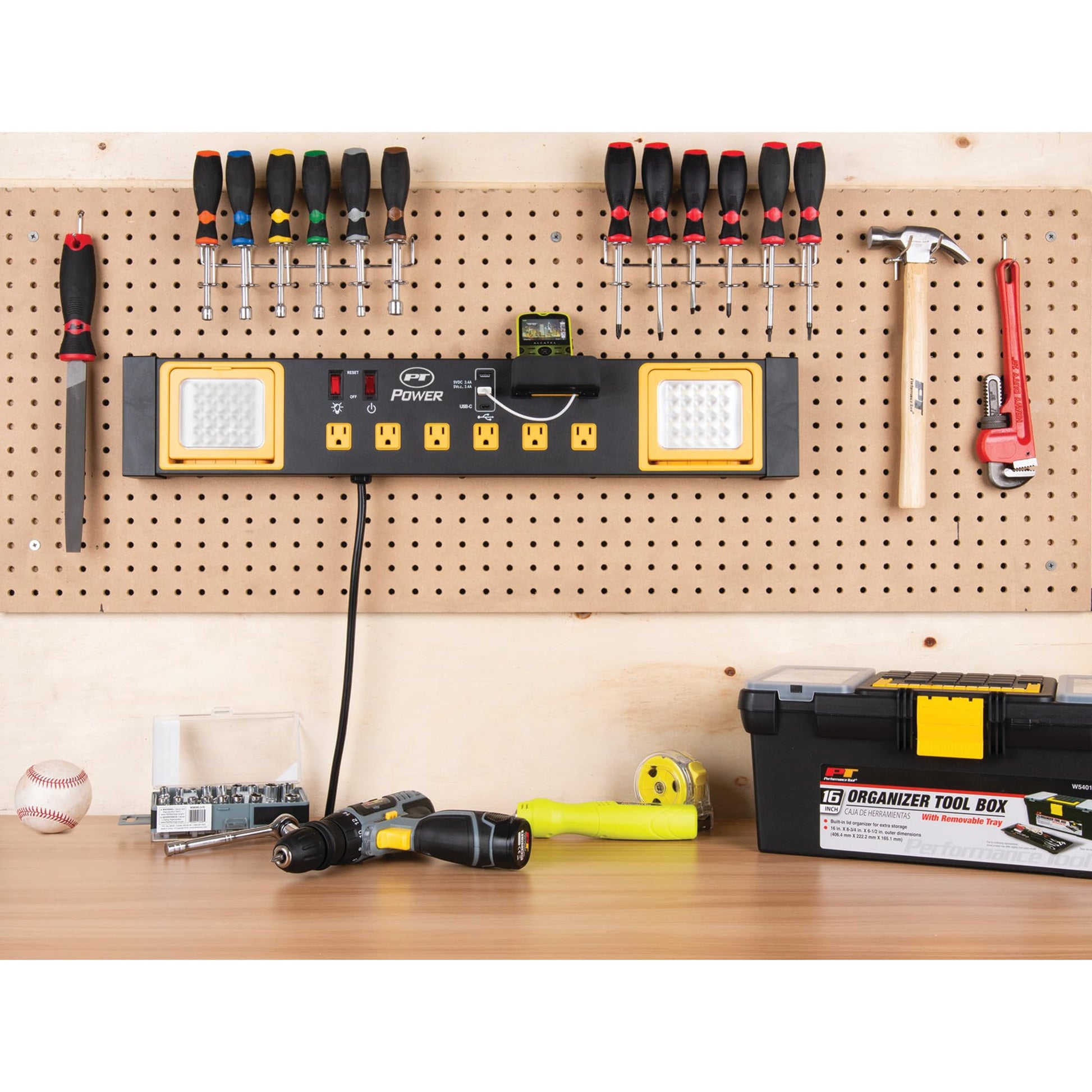 Performance Tool W2279 Central eléctrica de Grado Comercial con 6 tomacorrientes, 2 Puertos USB, Cuna integrada y Luces LED, Ideal para talleres y garajes