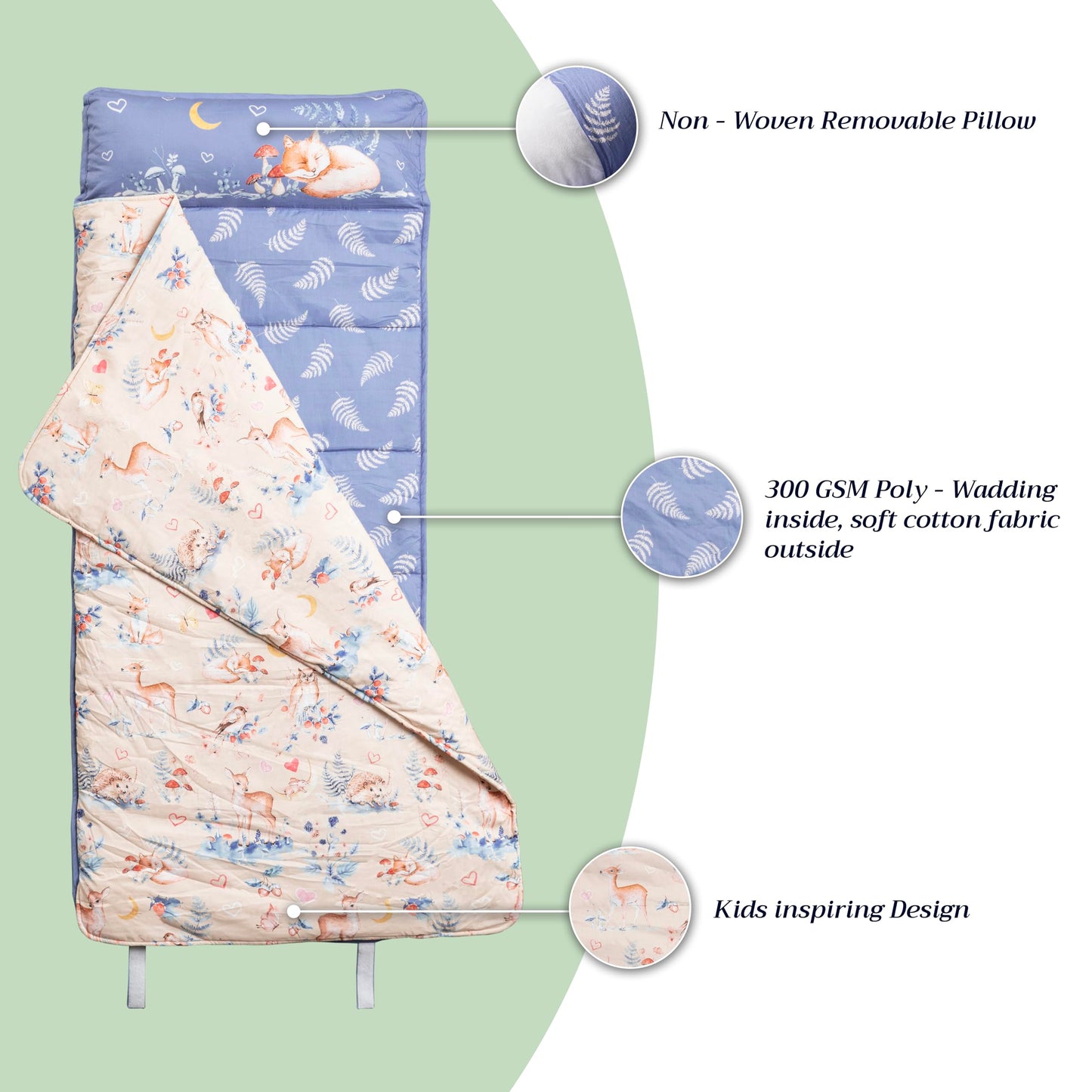 Maison d'Hermine Forest Friends - Tapete para siesta con almohada reutilizable y manta de 55 x 27 x 1.5 pulgadas, para niños y niñas, tapete para dormir preescolar con correas de transporte para el