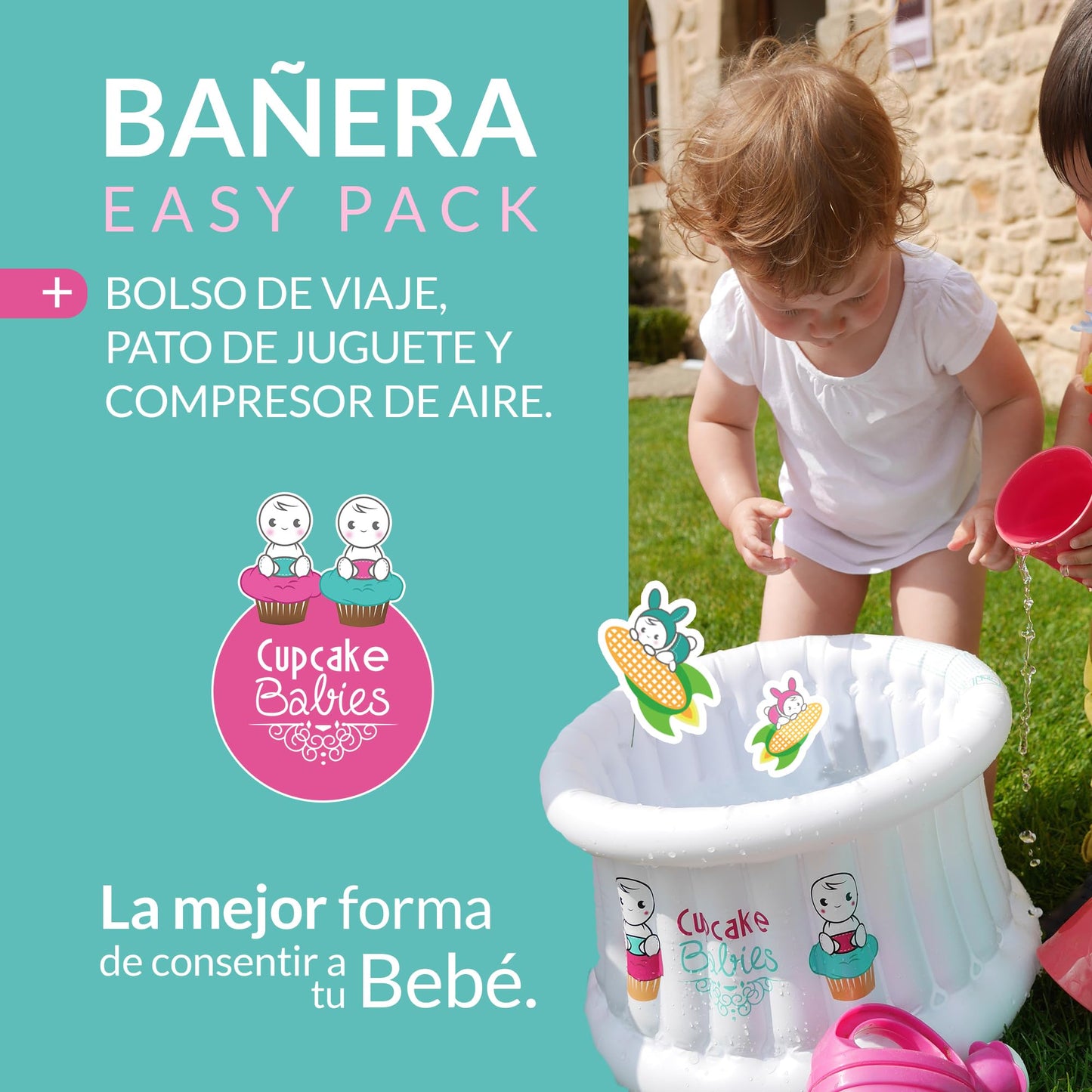 Bañera para Bebe Inflable Turquesa | Navidad | Ideal Regalos Navideños para Recién Nacidos hasta 12 Meses | Incluye Bolso de Viaje, Pato de Juguete y Compresor de Aire | Alberca para Bebe | CUPCAKE BABIES