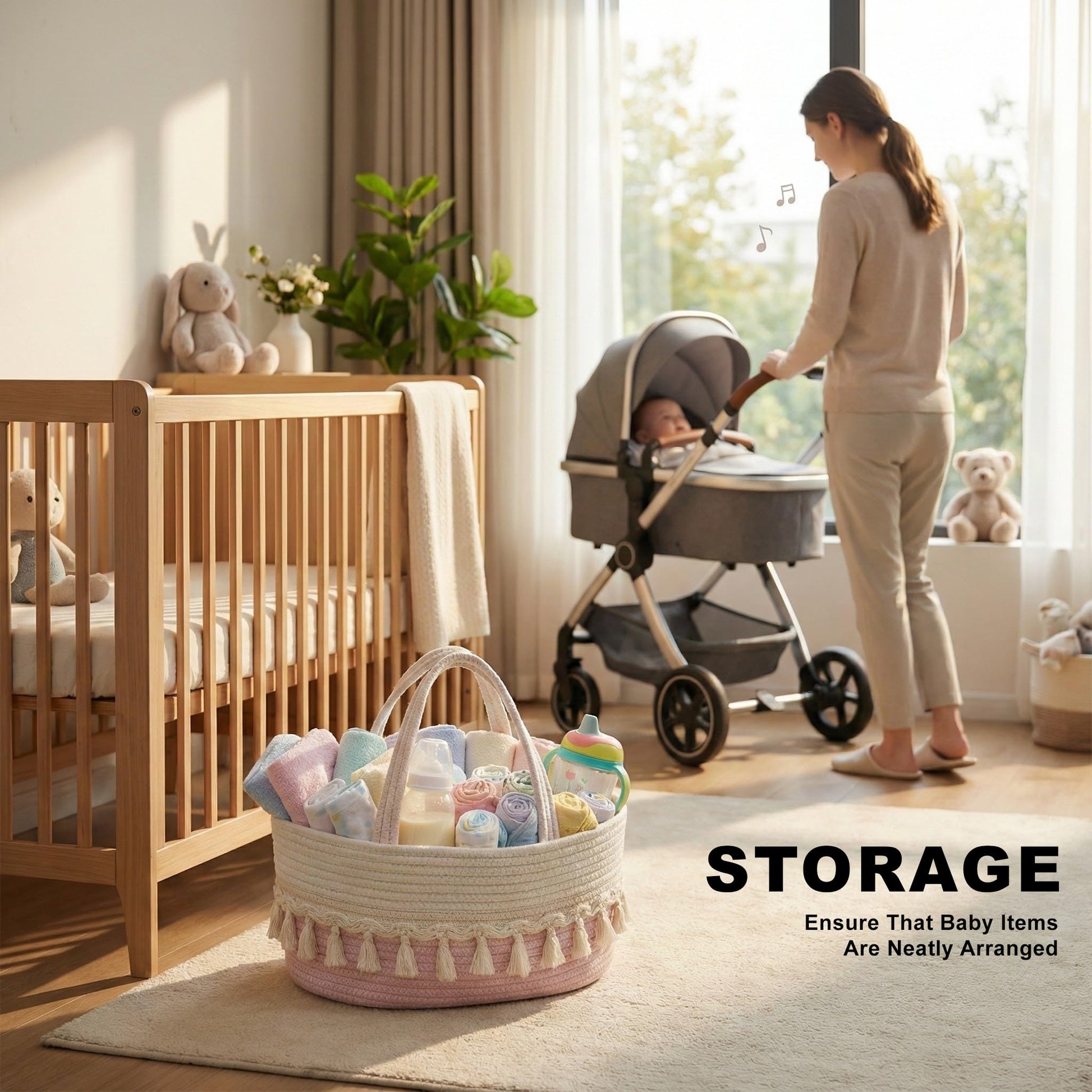 TUWEIPAIKE Organizador de pañales, elegante cesta de almacenamiento de guardería, cesta de baby shower con aspecto decorativo de borla, cesta de almacenamiento portátil adecuada para viajes familiares