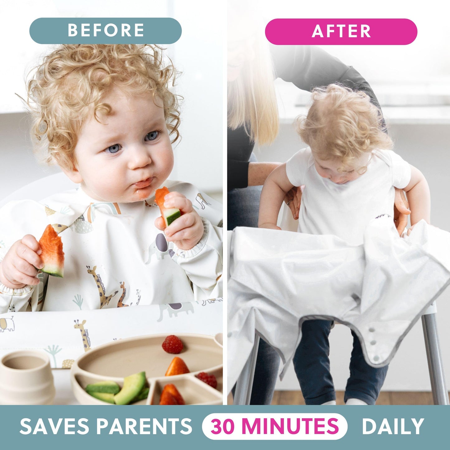 Bibado Baberos para bebé con mangas – Babero de destete LED para niños pequeños y bebés, 6-36 meses, se fija a sillas altas, cochecitos, mesas, Serengeti Spaghetti, One Size