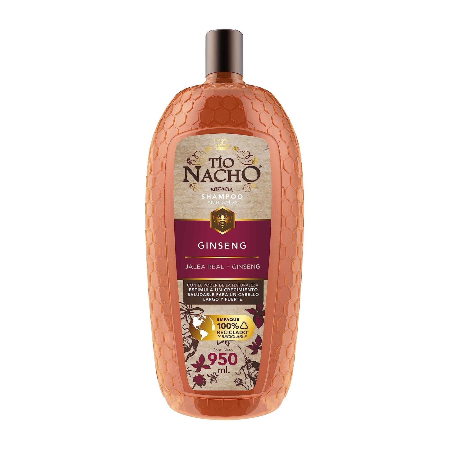 TIO NACHO - Shampoo Anti-Caída. Estimula y fortalece crecimiento saludable de la fibra capilar, con jalea real y extractos de ginseng, romero, aloe vera y jojoba. Empaque 100% reciclado, botella con 950ml