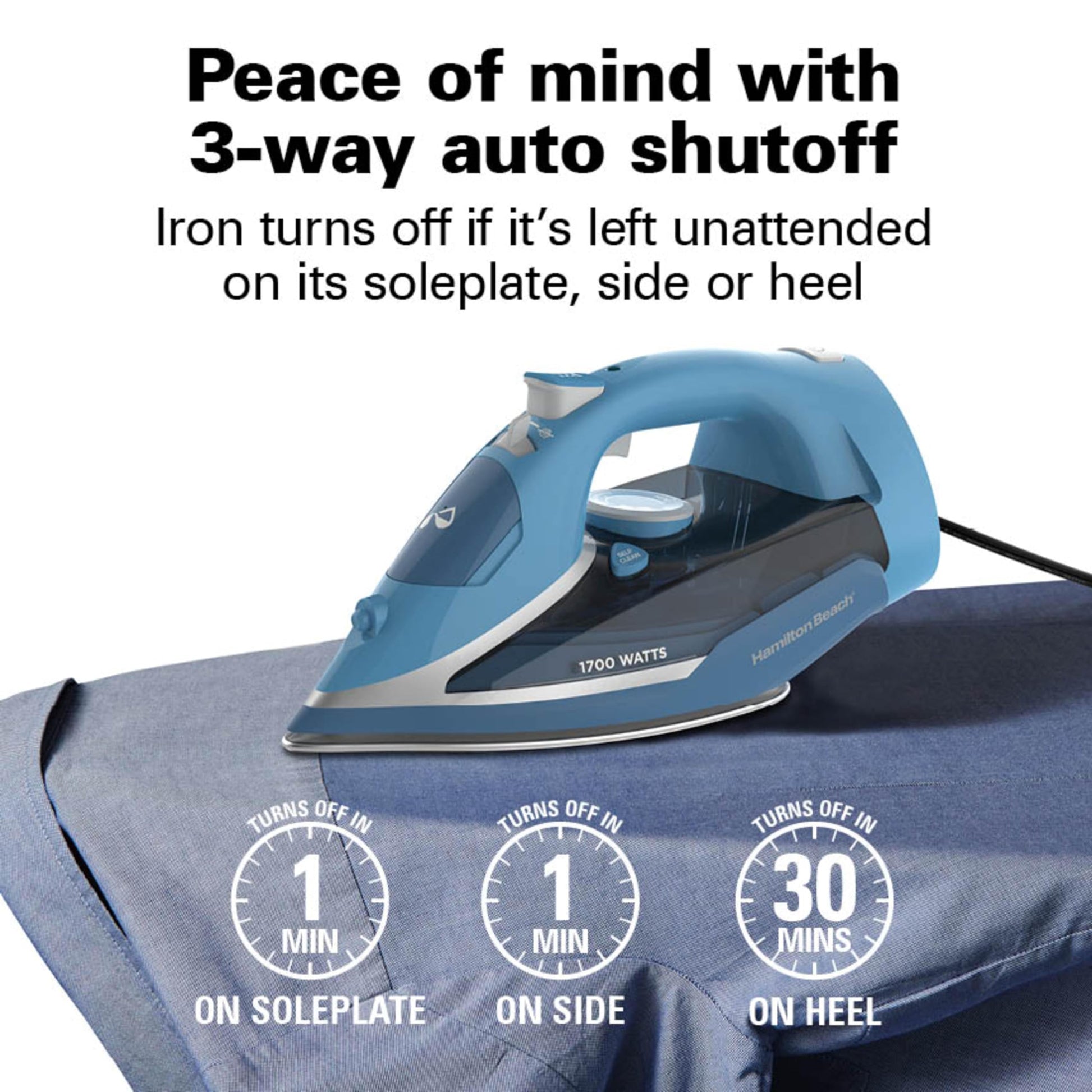 Hamilton Beach - Plancha de vapor para ropa y ropa con suela de acero inoxidable duradera, 1700 vatios para calor ultrarrápido, cable retráctil de 8 pies, apagado automático, tanque de agua de 350 ml,