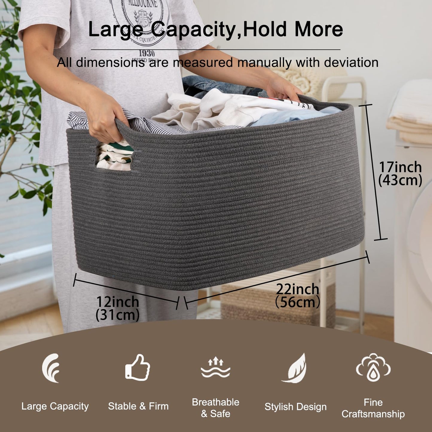 OIAHOMY Cesta de almacenamiento rectangular grande, 22 x 17 x 12 pulgadas, cesta de manta tejida para lavandería, sala de estar, guardería, recámara, cestas de juguetes, cubos organizadores, gris