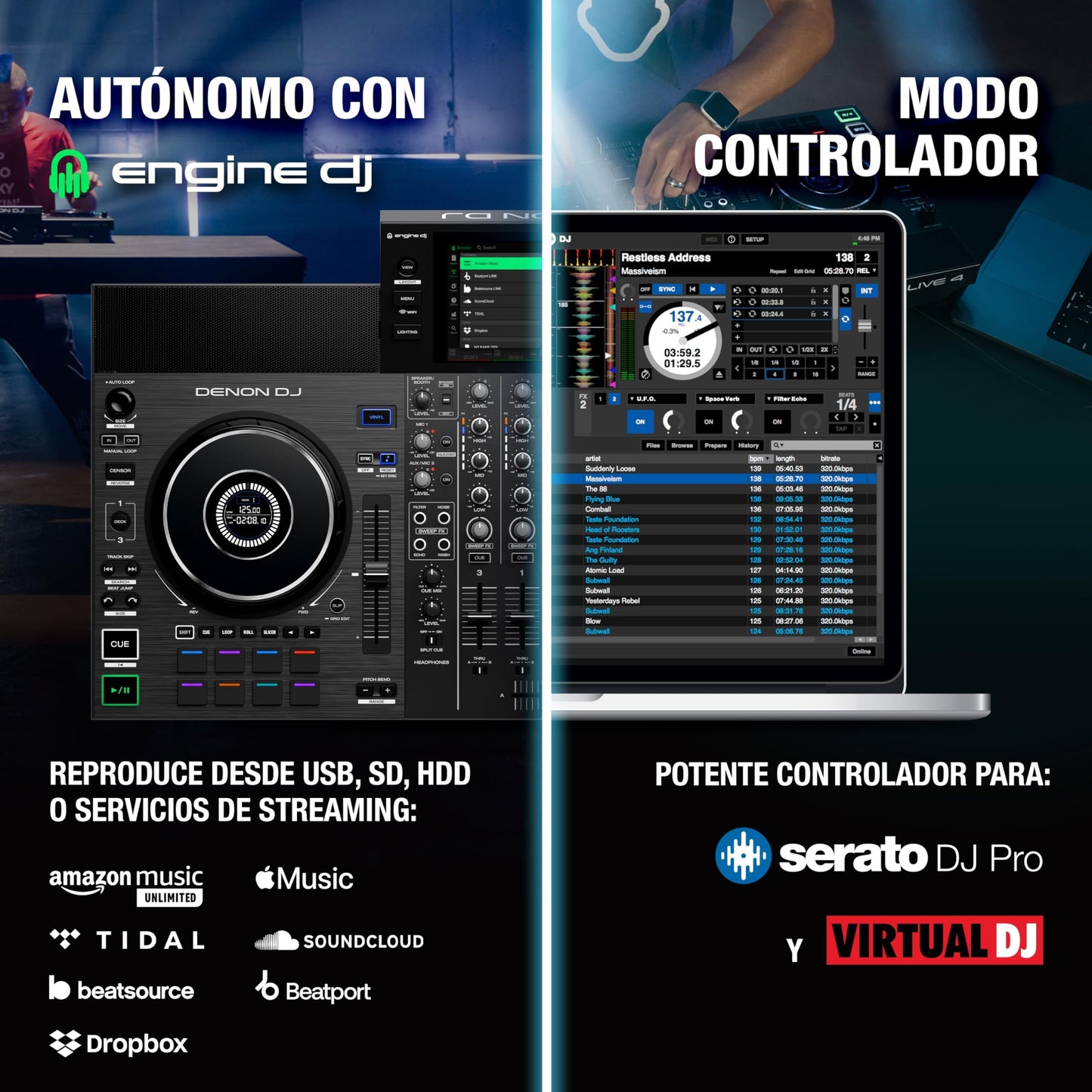 Denon DJ SC Live 4 Controlador DJ con separación de Stems en 4 Decks, Streaming por WiFi, Altavoces Integrados, Compatible con Serato DJ y Virtual DJ