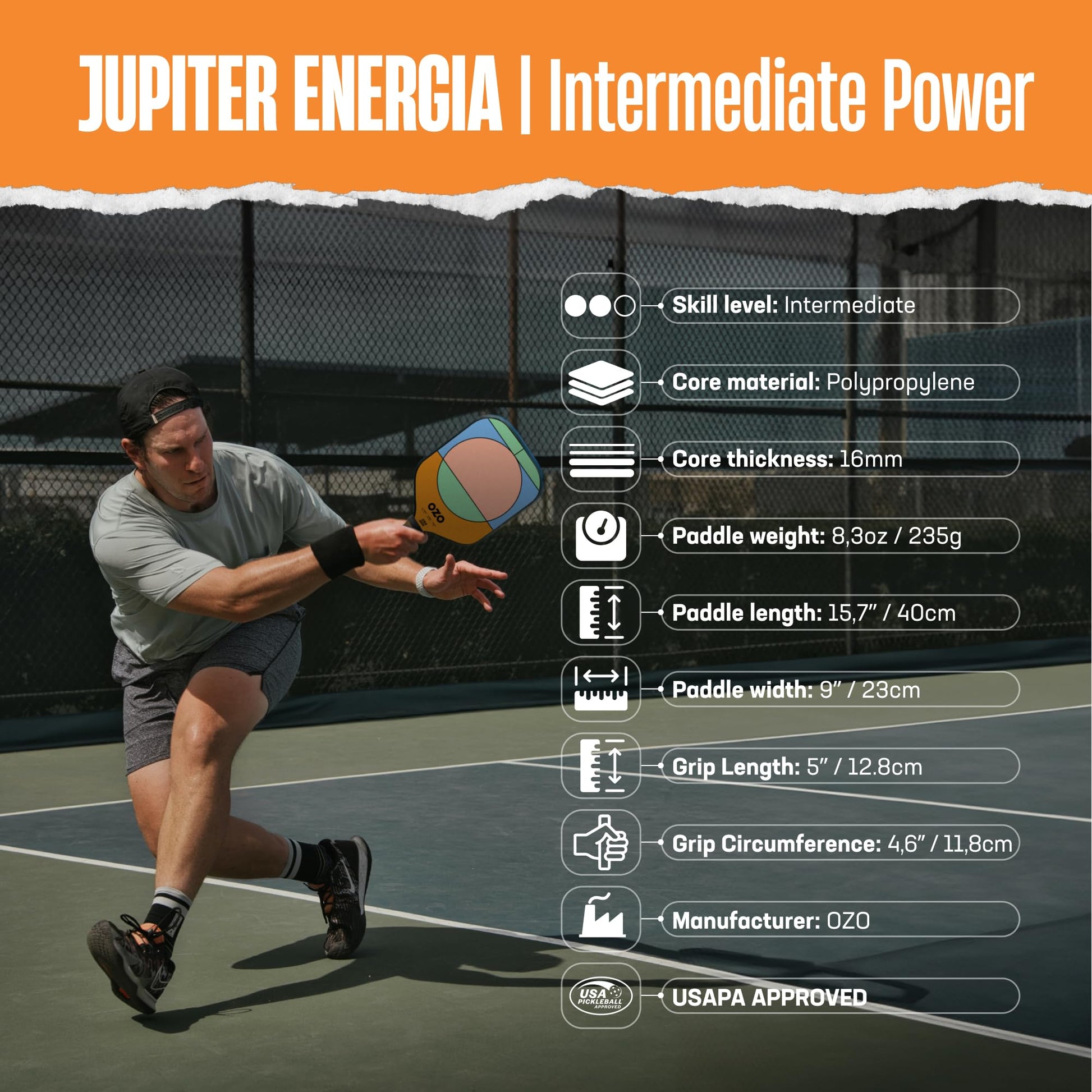 Pala de Pickleball OZO Jupiter Energia Chroma Grafito Potencia Intermedia aprobada por USAPA