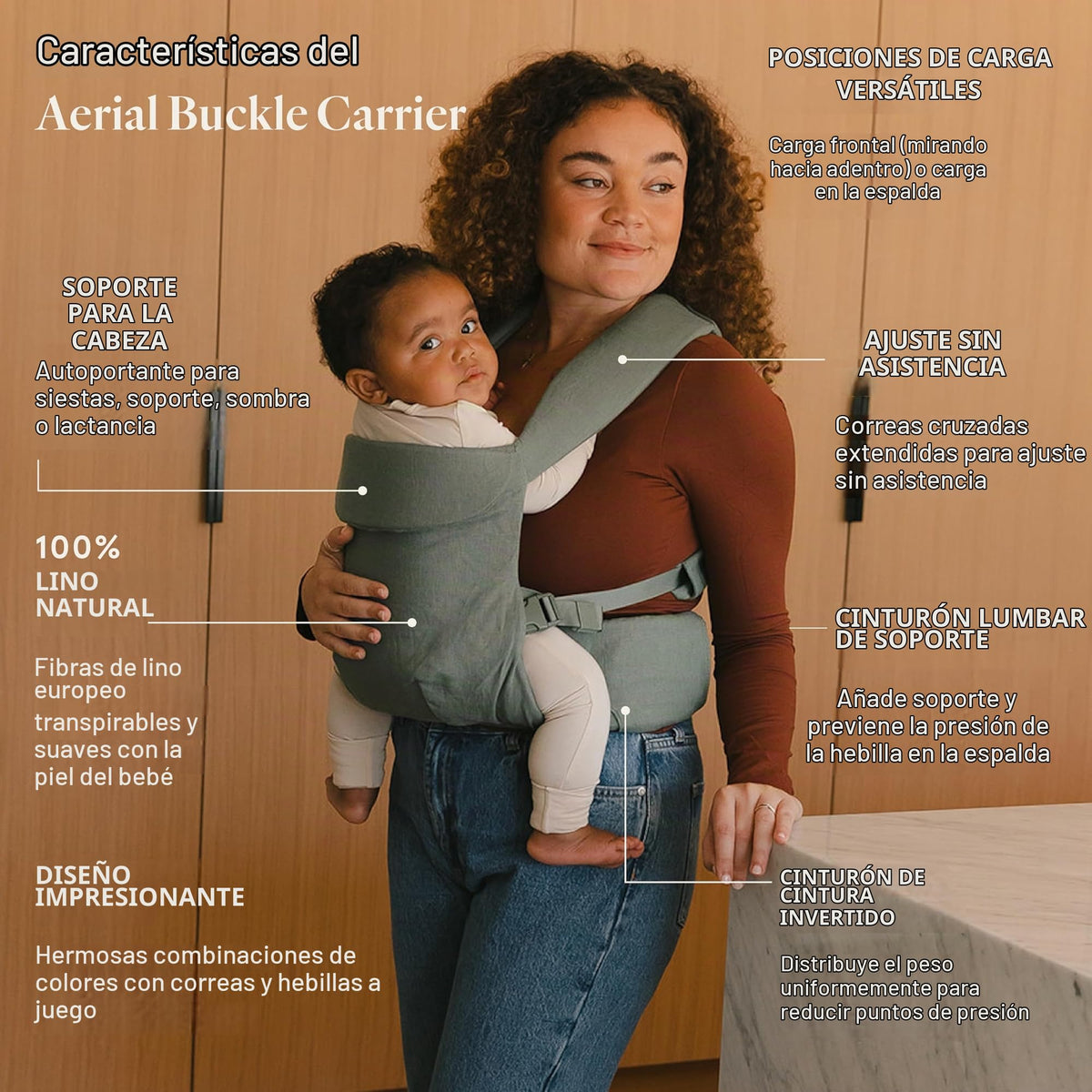 WildBird - Transportador aéreo - 7 a 45 libras - para mamás, papás y cuidadores - 100% fibras de lino europeas naturales - Versátil y ajustable - Tamaño grande - Tela acadiana