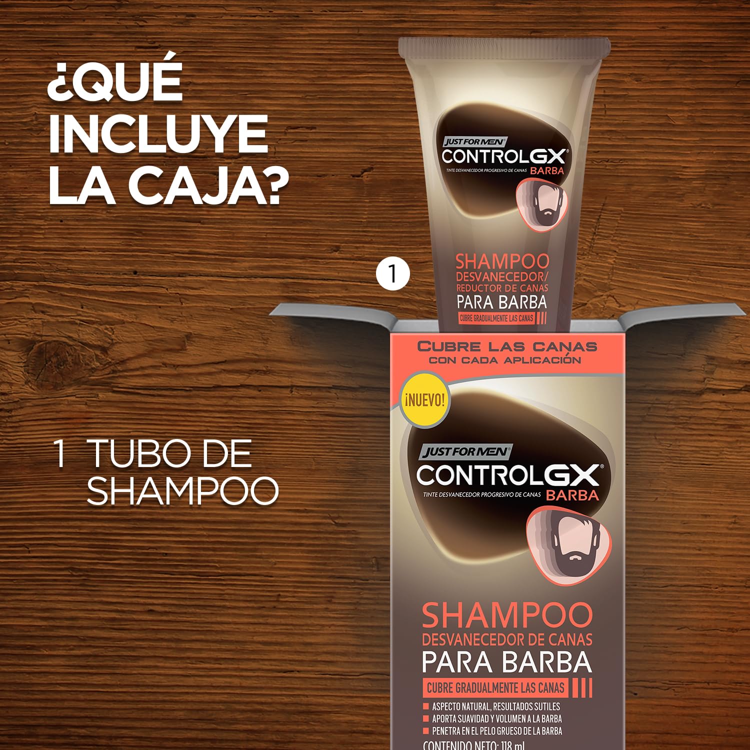 JUST FOR MEN Control GX Shampoo Desvanecedor Progresivo de Canas para Barba y Bigote - Cubre, Mejora y Restaura Color Natural