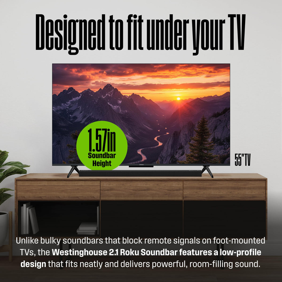 Barra de Sonido Westinghouse Negra 2.1 Canales con Dolby Atmos y Subwoofer Inalámbrico para Smart TV