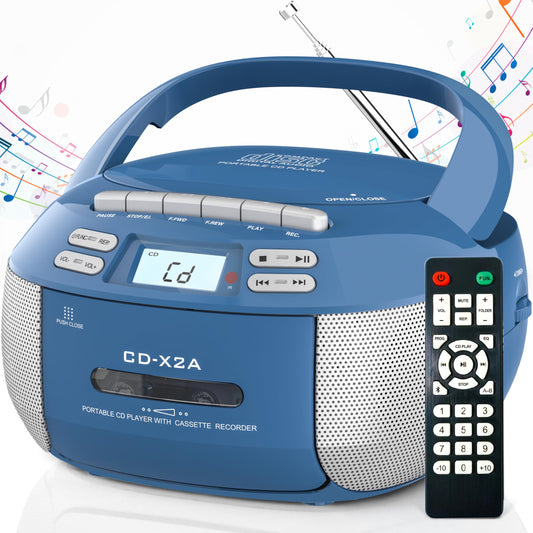 Greadio Boombox - Reproductor de CD de cassette, reproductor de CD portátil con Bluetooth, compatible con radio AM FM, control remoto, AUX/USB/auriculares, funciona con AC/batería, visualización LCD
