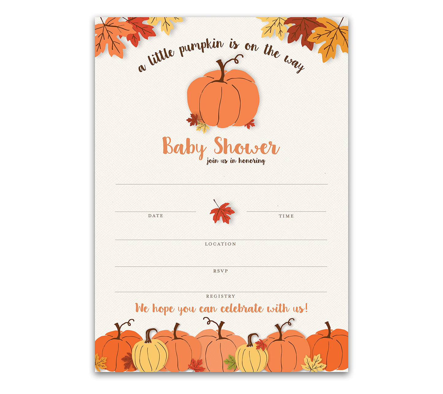 Roseum Collections Little PUMPKIN - Invitaciones para baby shower - Paquete de 25 - Invitaciones de relleno neutro de género con calabazas, tema de baby shower de otoño o Halloween I330-INV1