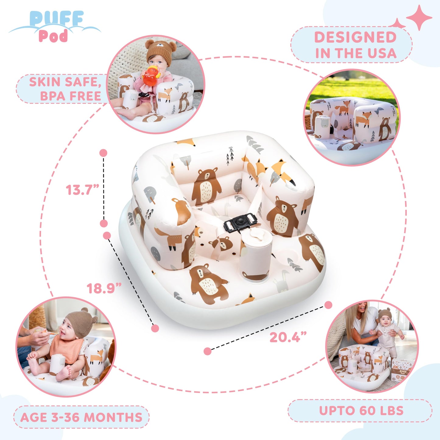 Puff Pod Asiento inflable de alta calidad para bebé con bomba integrada, silla inflable con arnés de seguridad y base antideslizante, silla de bebé para bebés de 3 a 36 meses, silla inflable portátil