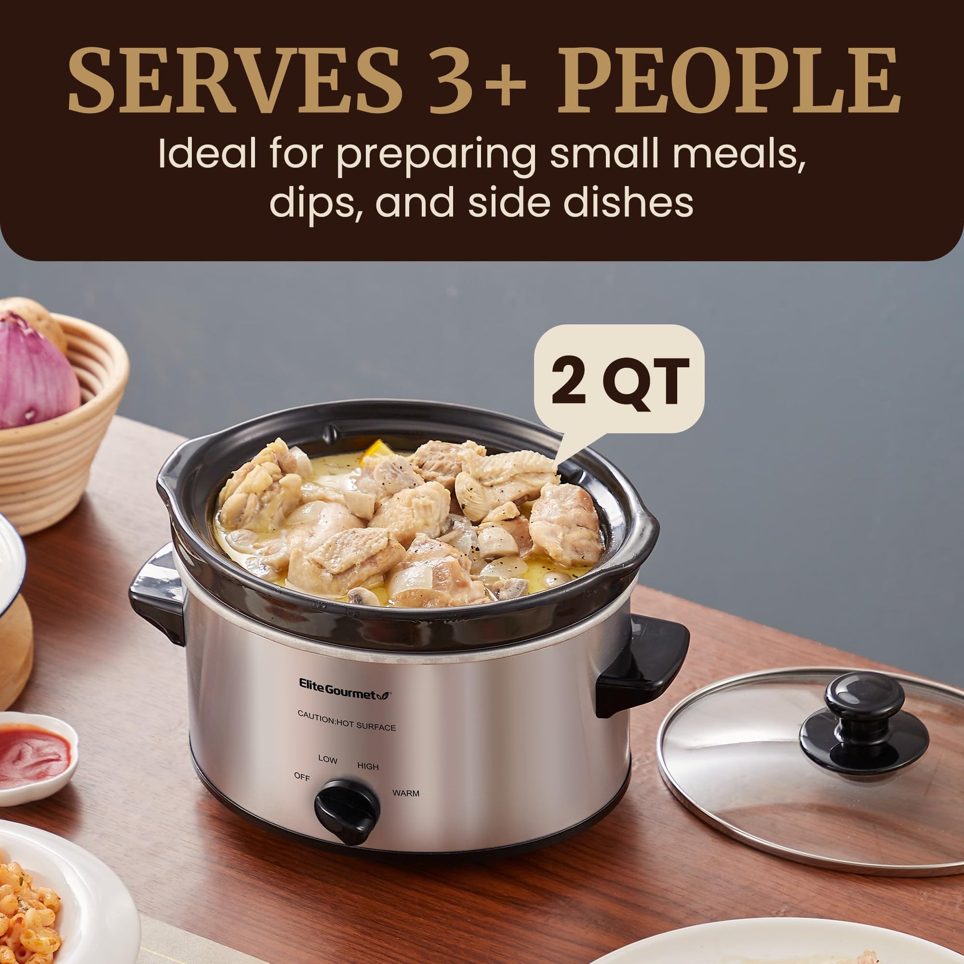 Elite Gourmet - Olla de cocción lenta ovalada eléctrica, 2 cuartos, acero inoxidable