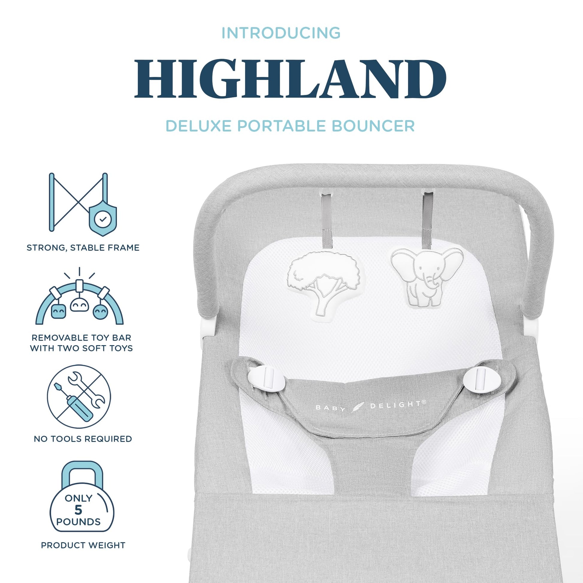 Baby Delight Highland Baby Bouncer | Infantil | 0-6 meses | Reclinado de 3 posiciones | Gris guijarro
