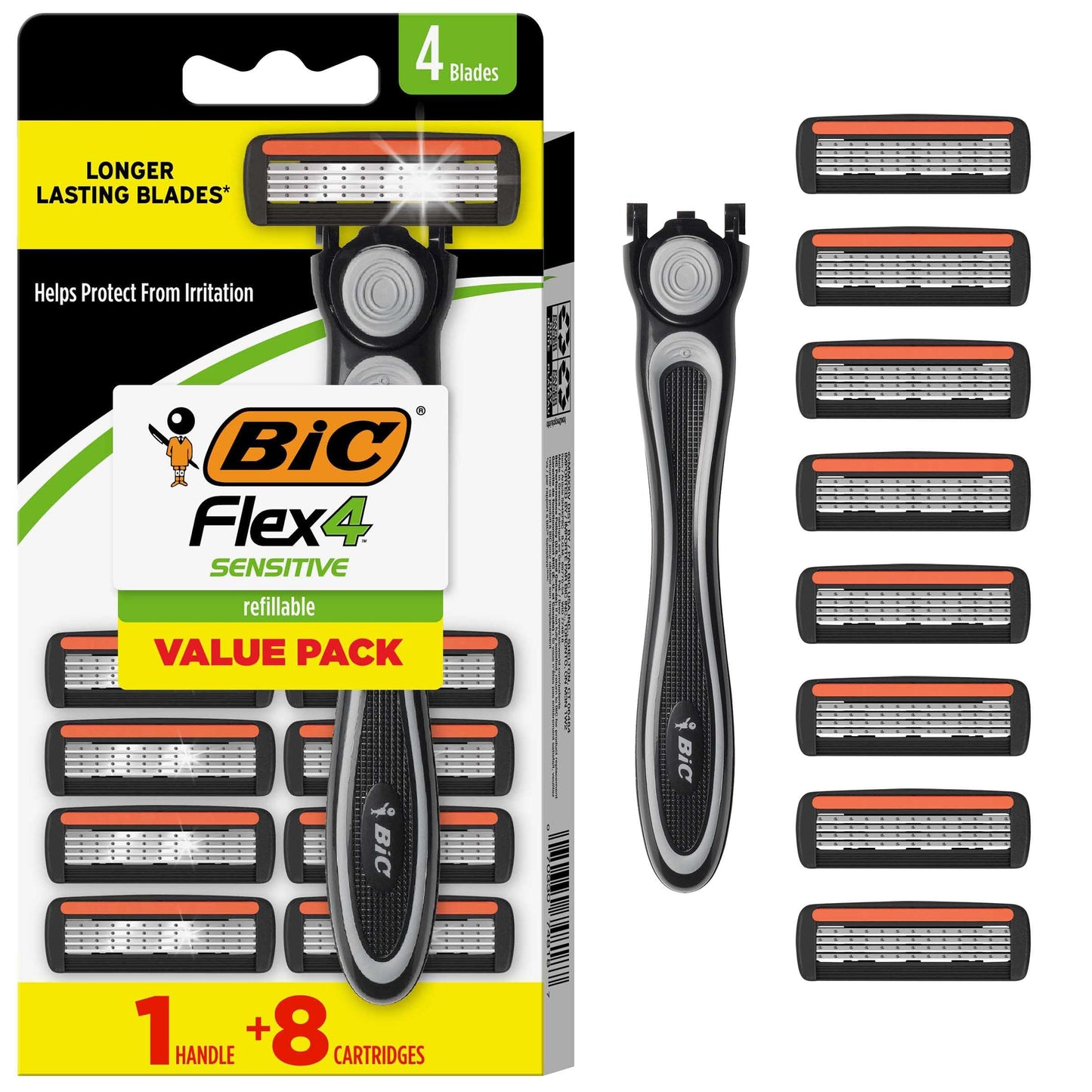 BIC Flex 4 - Maquinilla de afeitar híbrida desechable para hombre, maquinilla de afeitar sensible para un afeitado suave y cerrado, 1 mango y 8 cartuchos con 4 cuchillas