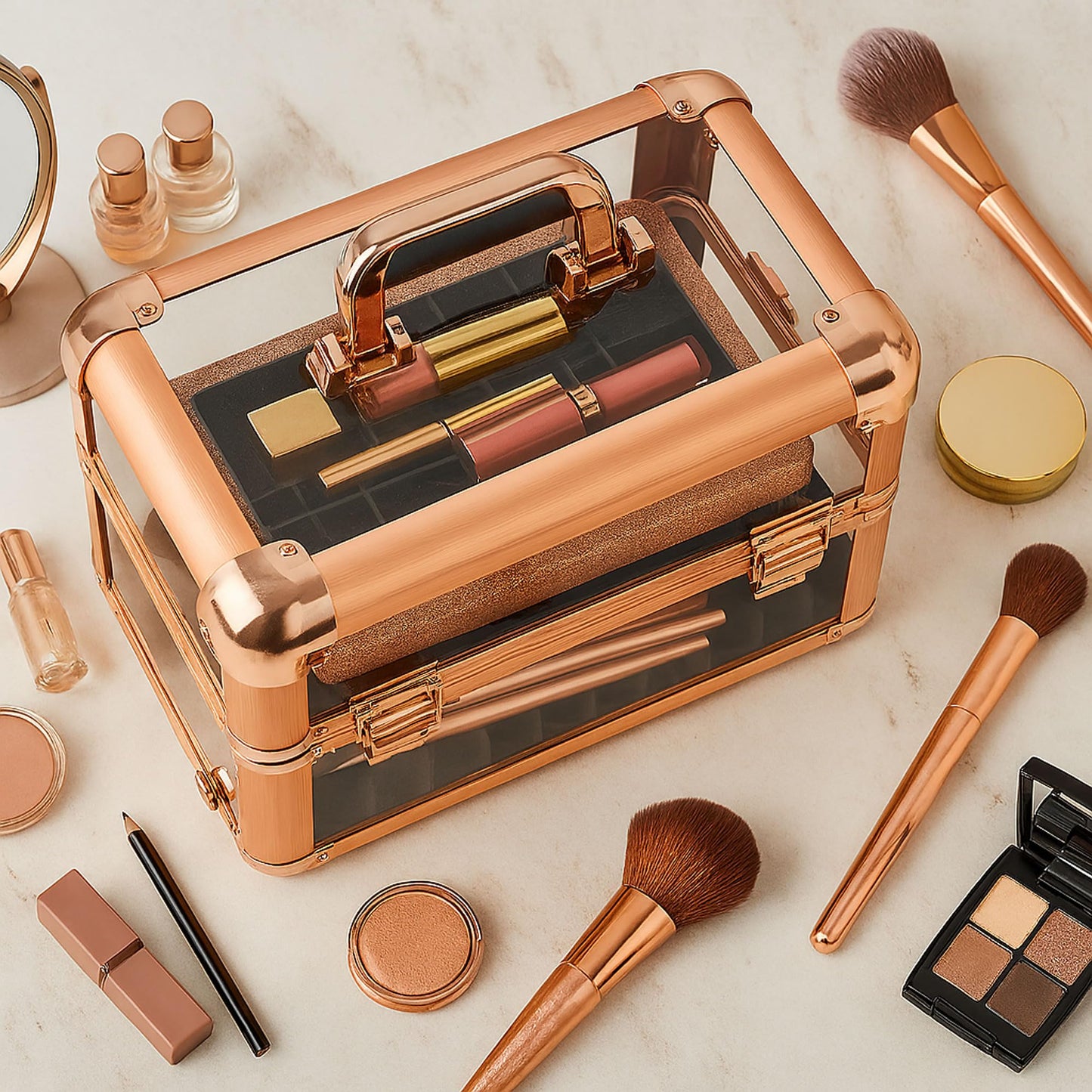 Ver Beauty Rose gold acrylic armored easy slide tray professional cosmetic makeup nail case with foundation holder - vp014, Rose Gold Acrylic