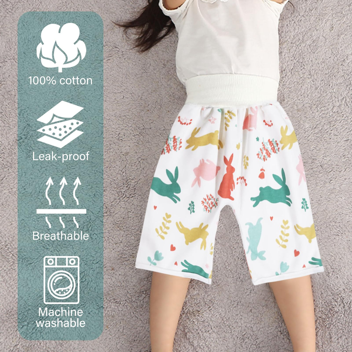 Pantalones de pañales impermeables para bebés y niños, paquete de 2 pantalones absorbentes para entrenamiento para niños y niñas, uso de día y noche (pantalón de conejo + falda)