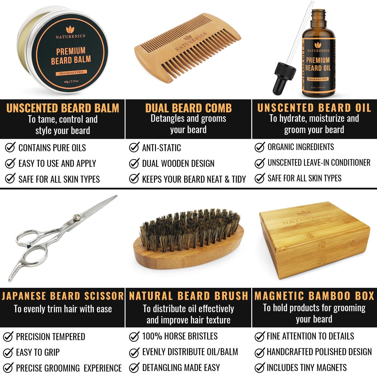 Naturenics Premium Beard Grooming & Trimming Kit for Mens Hair Care | Unscented Beard & Mustache Growth Oil, Wax Balm Butter, Brush, Dual Teeth Comb, Barber Scissors with Bamboo Gift Box & eBook