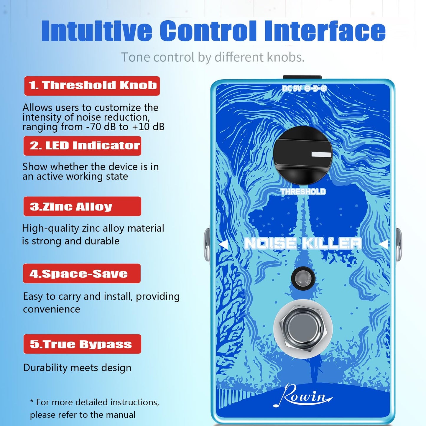 Pedal de Reducción de Ruido Rowin Noise Killer para Guitarra True Bypass Tamaño Completo