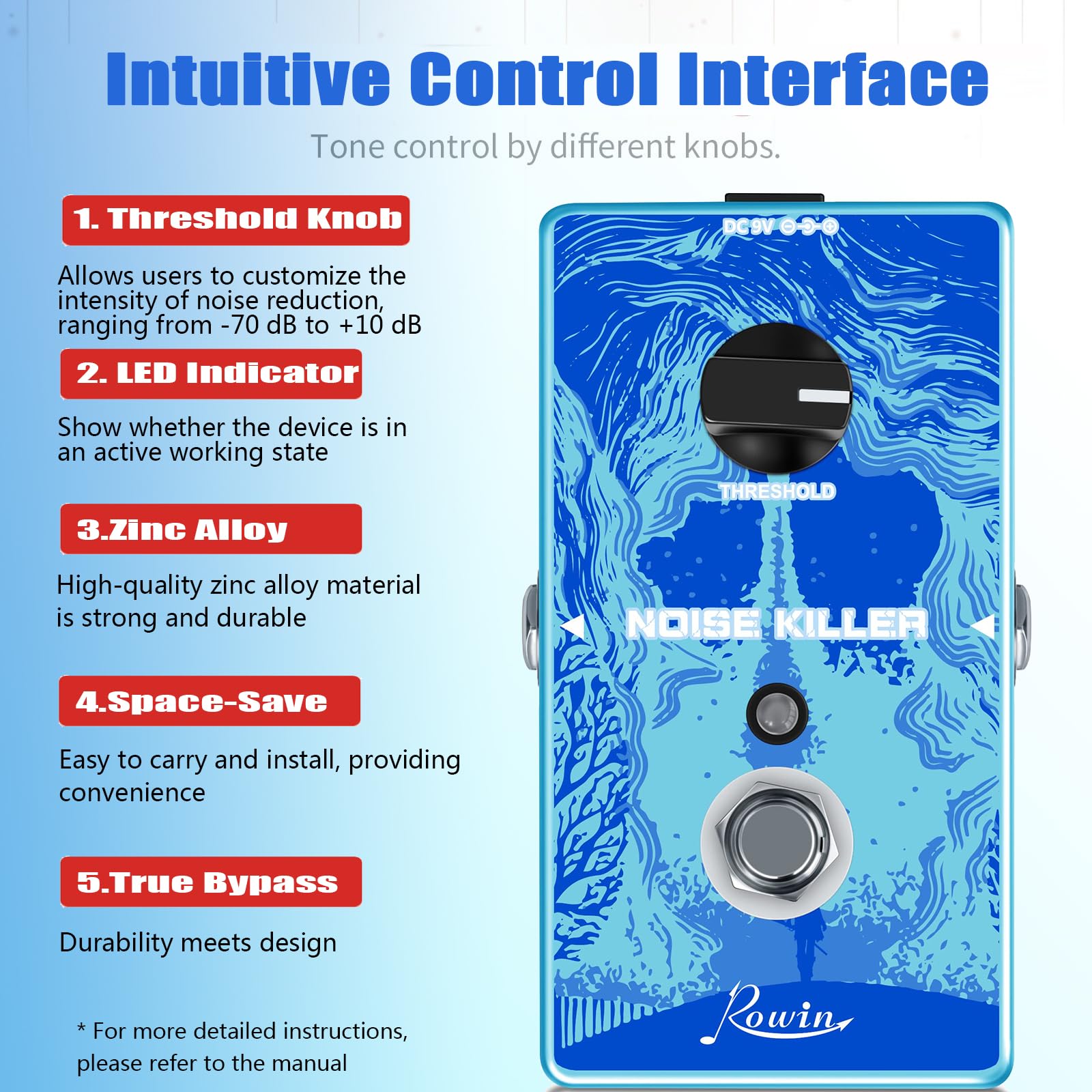 Pedal de Reducción de Ruido Rowin Noise Killer para Guitarra True Bypass Tamaño Completo