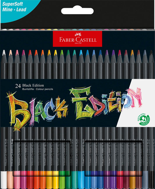 Faber-Castell Colores Supersoft Black Edition con 24 Diferentes Colores, cuenta con una mina supersuave y con una pigmentación fuerte resaltando tonos intensos sobre cualquier tipo de papel