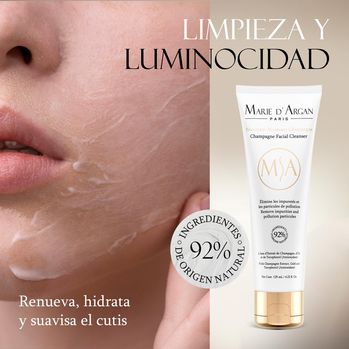 Marie D’Argan Limpiador Facial Champagne Con Oro Coloidal Y Vitamina E 125 ml, Limpieza Profunda, Control De Grasa, Ilumina Y Renueva, Sin Parabenos, Para Piel Normal, Mixta Y Grasa