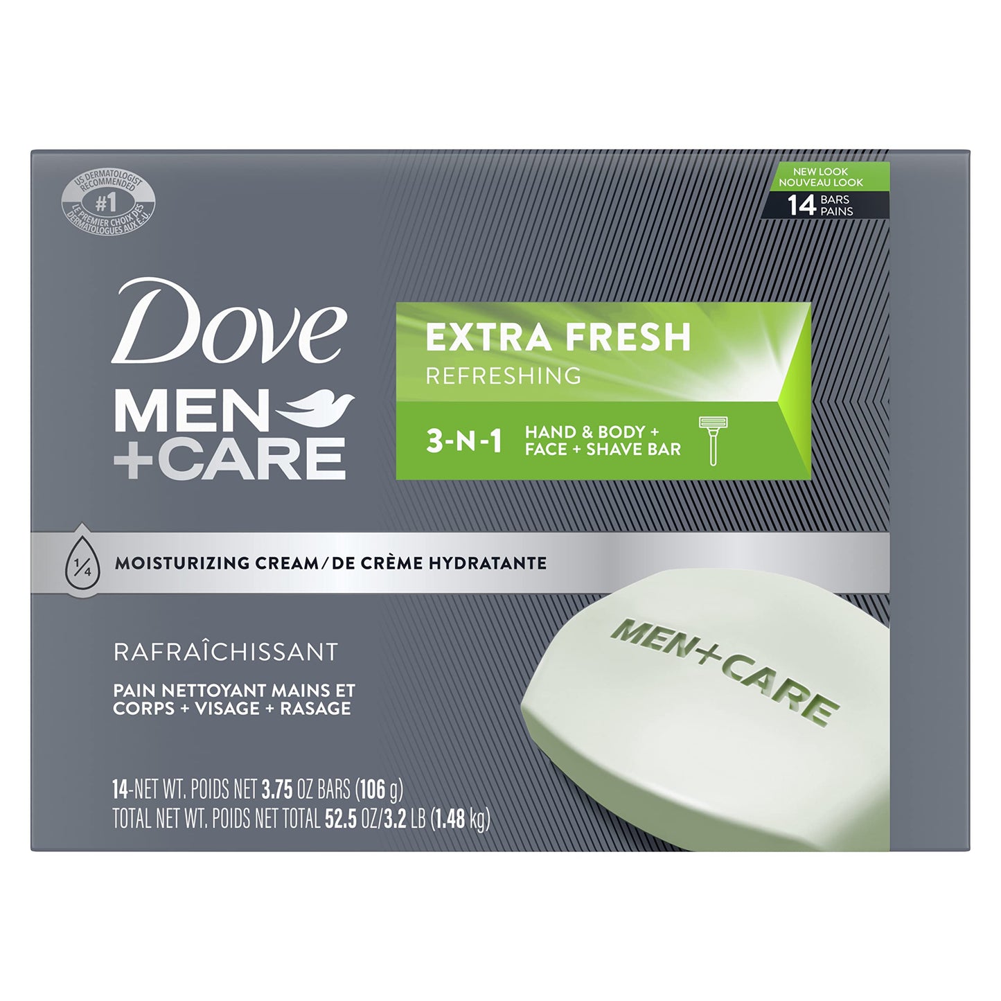 DOVE MEN + CARE Dove Men+Care Bar 3 in 1 Cleanser for Body, Face, and Shaving to Clean and Hydrate Skin Extra Fresh Body and Facial Cleanser More Moisturizing Than Bar Soap 3.75 oz 14 Bars