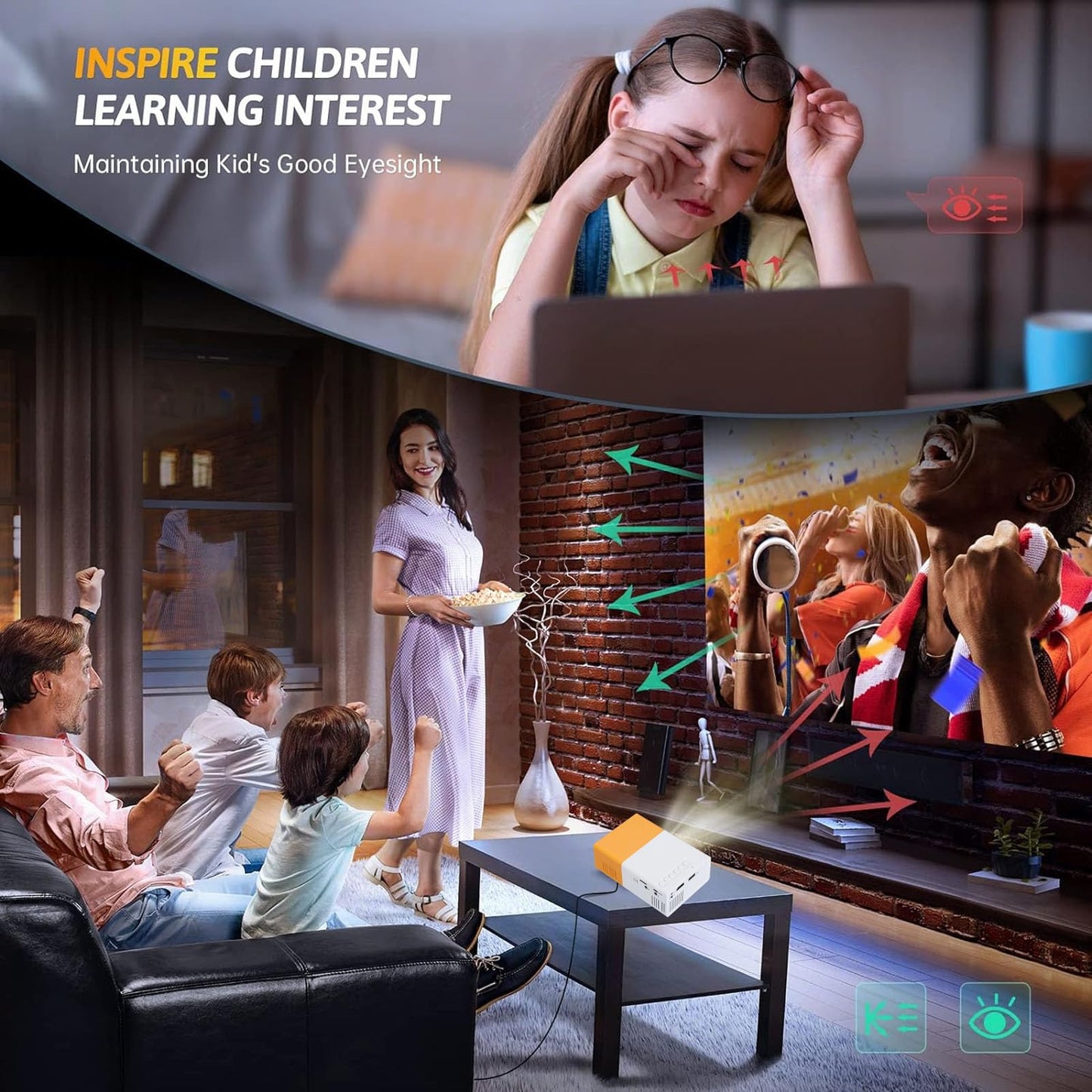 GOWENIC Mini Proyector Full HD 1080P Amarillo - LED para Reuniones Familiares, Campamentos - Compatible Con HDMI, USB, Audio