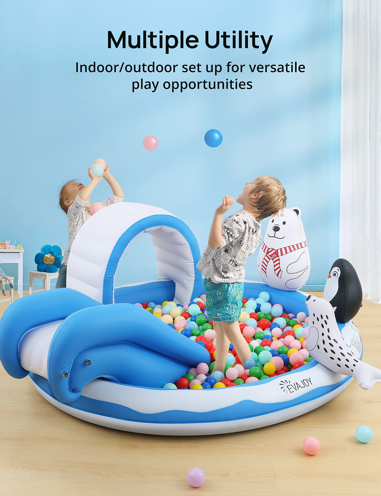 Centro de Juegos Inflable Evajoy Azul con Tobogán y Muñecas Inflables para Niños