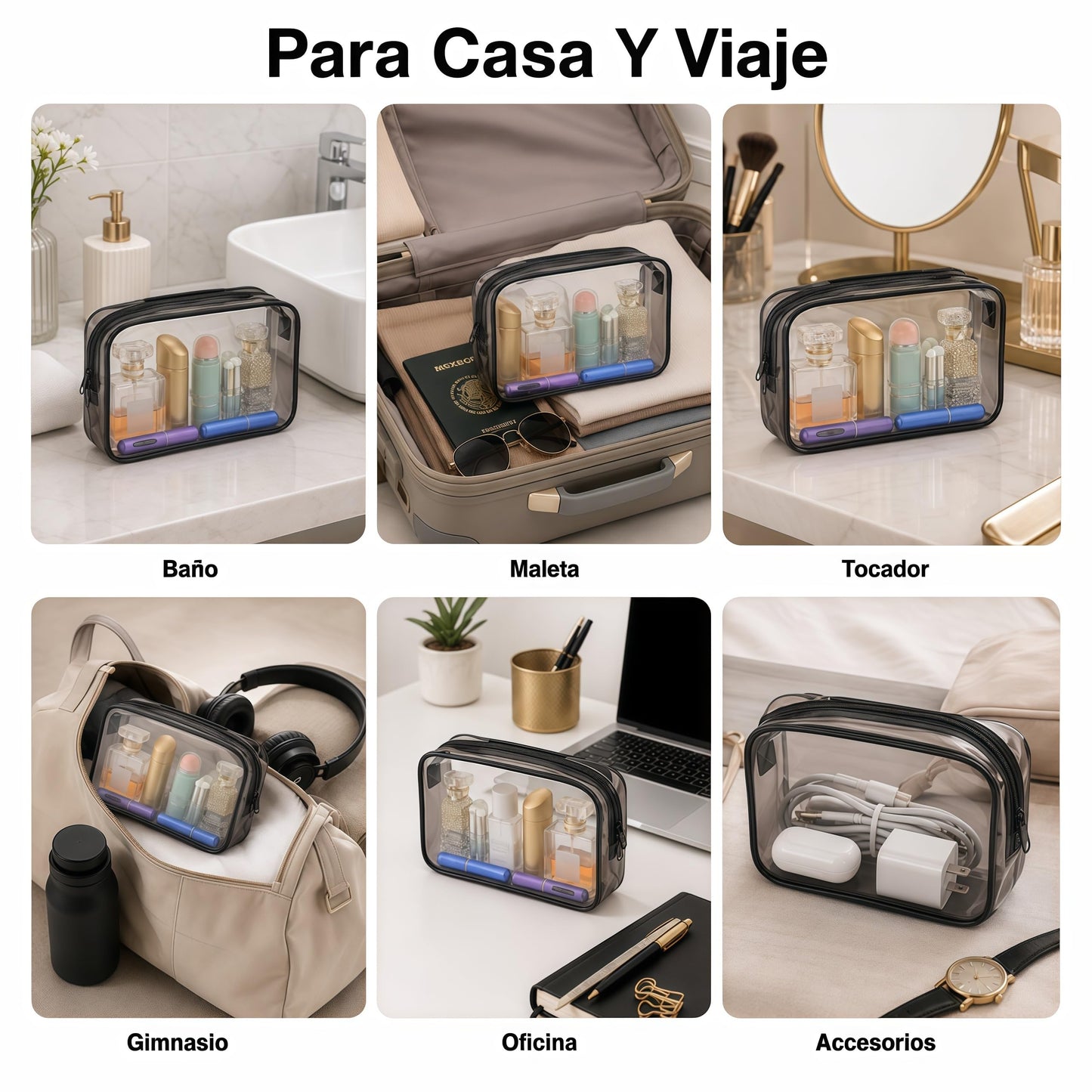 Cosmetiqueras Transparentes 6 Piezas de PVC, Bordes Negros, 18 x 12 x 6 cm