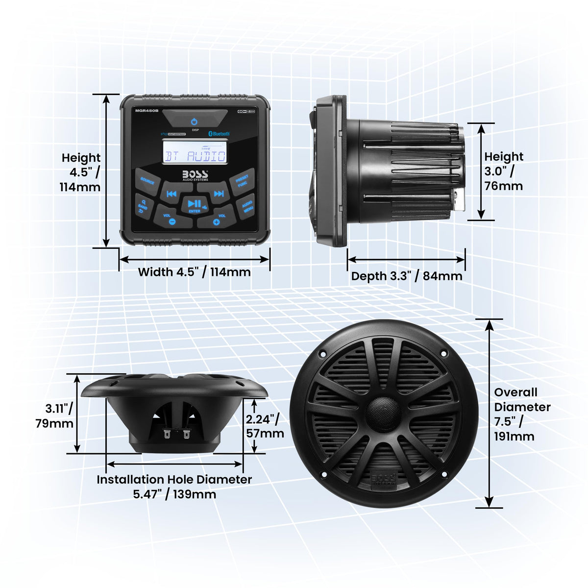 Paquete de Altavoces y Receptor Marino Boss Audio Systems Bluetooth Negro, IPX6 Resistente al Agua, Dos Altavoces de 6.5" y Un Receptor