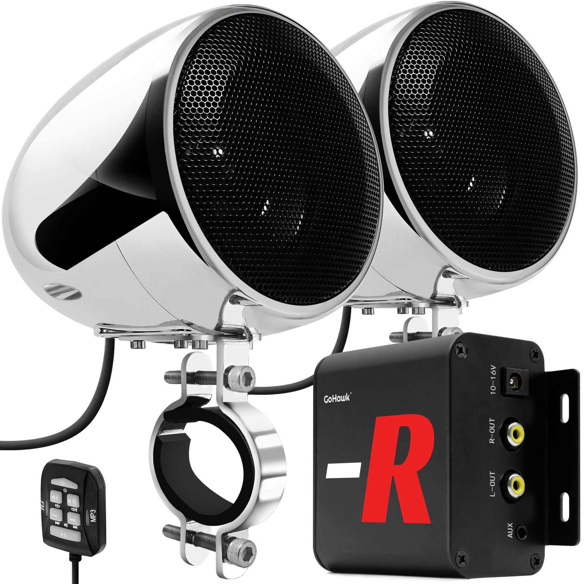 GoHawk TN4-R - Amplificador de 10 cm, rango completo, impermeable, Bluetooth, bocinas estéreo para motocicleta, de 1 a 1.5 pulgadas (2.5 a 4 cm) Sistema de amplificador de audio para montaje en manubrio de Harley Touring Cruiser, ATV RZR, auxiliar, radio
