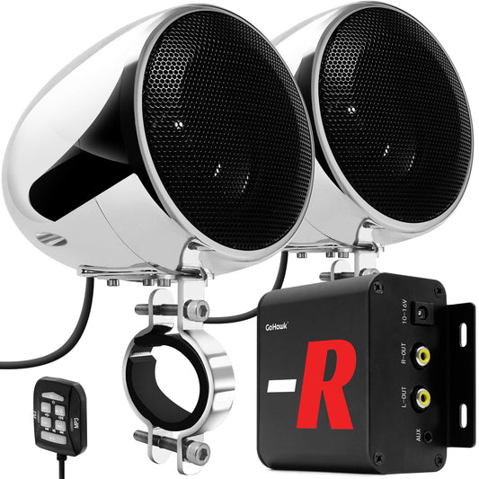 GoHawk TN4-R - Amplificador de 10 cm, rango completo, impermeable, Bluetooth, bocinas estéreo para motocicleta, de 1 a 1.5 pulgadas (2.5 a 4 cm) Sistema de amplificador de audio para montaje en manubrio de Harley Touring Cruiser, ATV RZR, auxiliar, radio