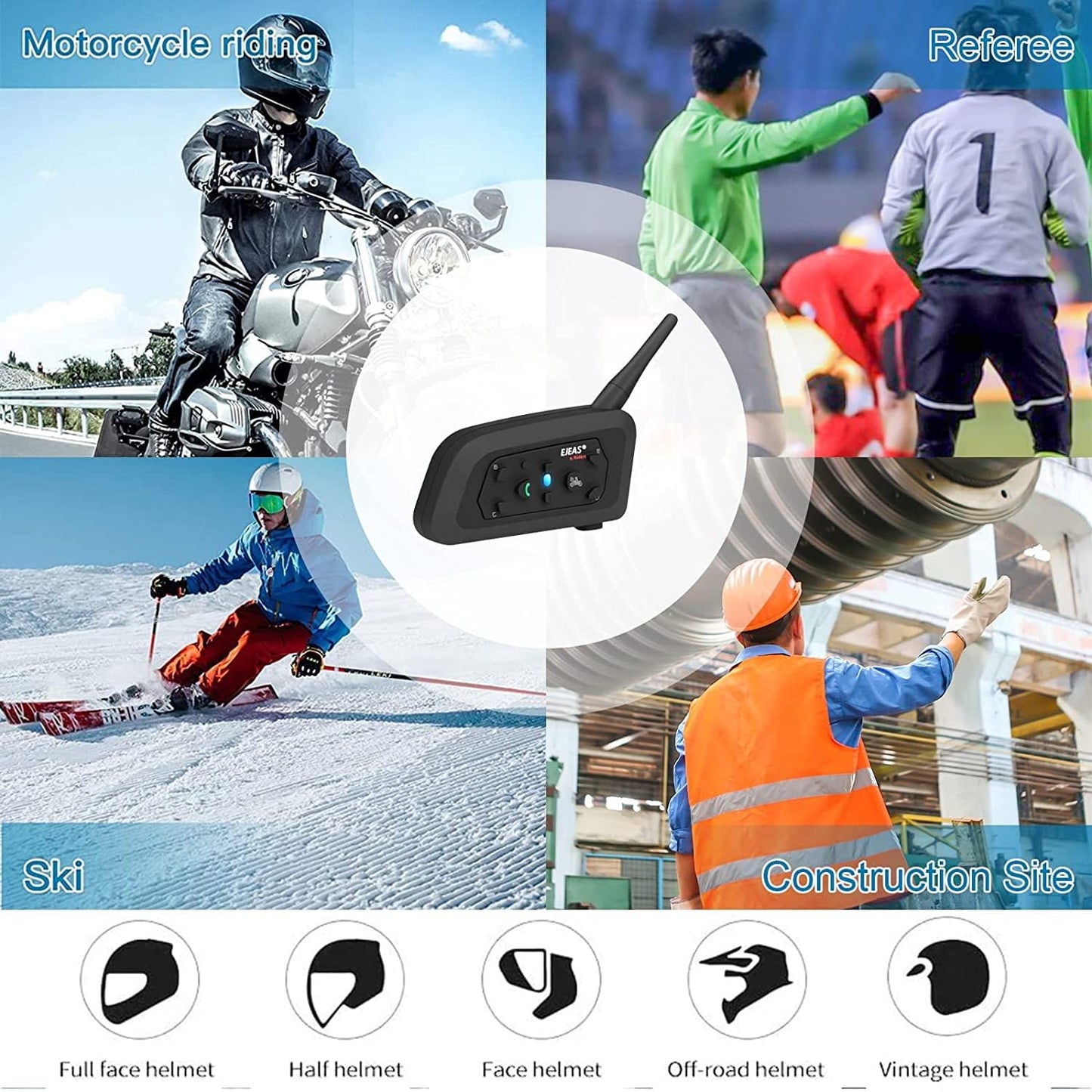 EJEAS V6 Motocicleta Auricular Bluetooth, 2 Riders 1200M Motocicleta Intercom Casco Sistema de Comunicación con Reducción de Ruido y Bluetooth 5.1 para Motociclismo Esquí y Escalada (2 Pack)