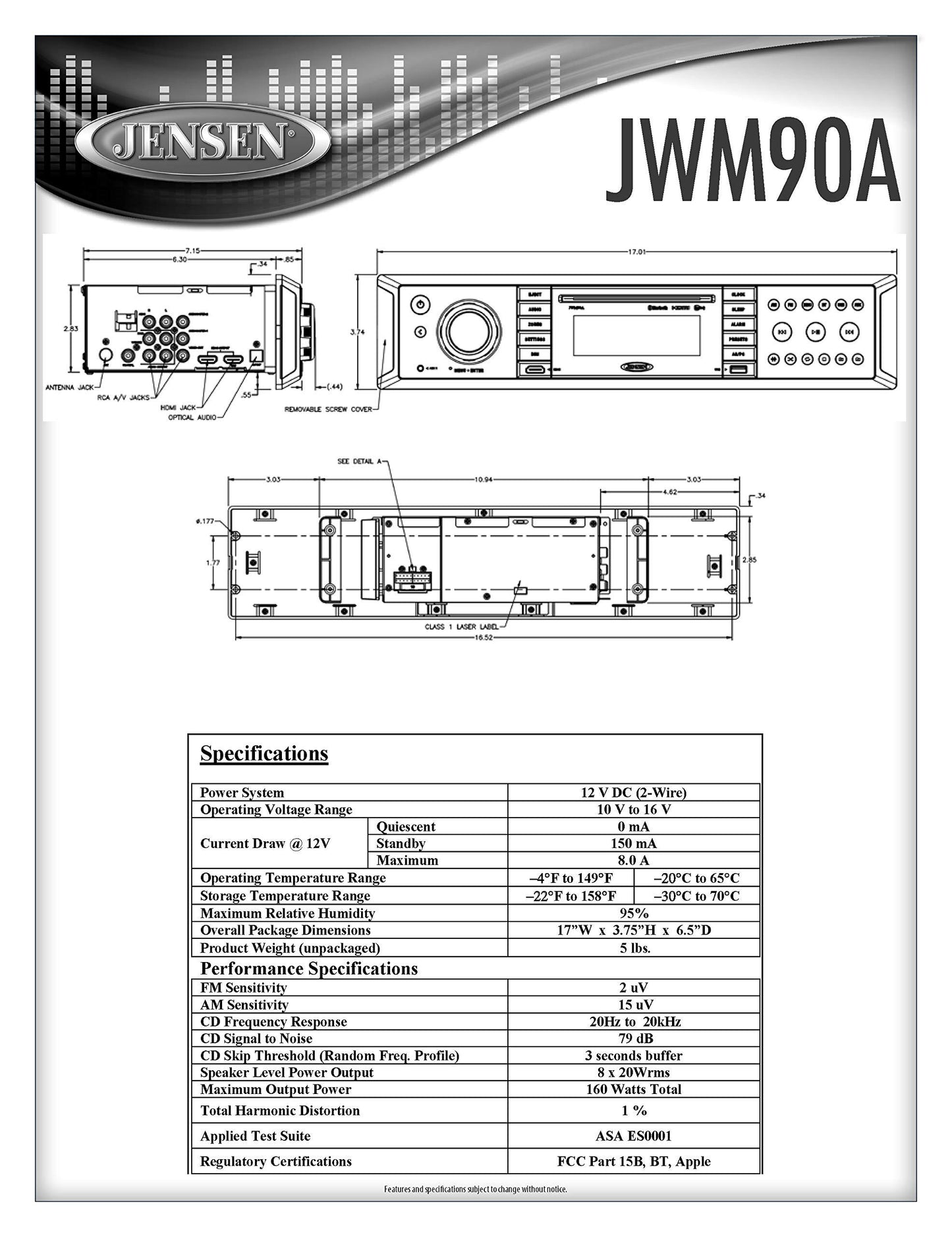 Jensen JWM90A Slimline 3-Zone Source Theater-Style Bluetooth Wallmount Stereo con control de aplicación, DVD/CD-R/RW(Reacondicionado)