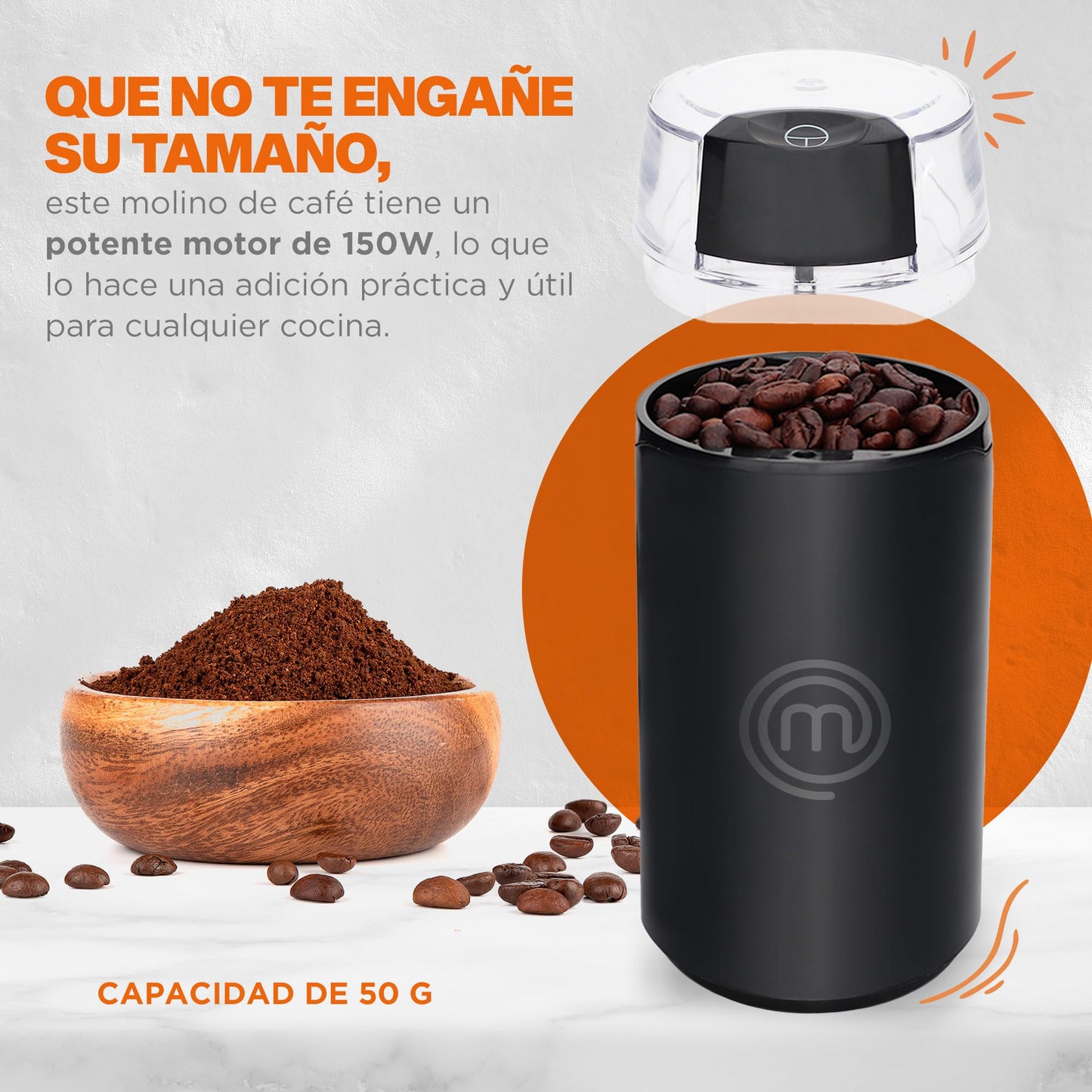 Hukën x MasterChef | Molino Eléctrico de Café Premium | Molido Perfecto | Acero Inoxidable | Capacidad de 50 gr. | 150 W | Diseño Compacto y Eficiente
