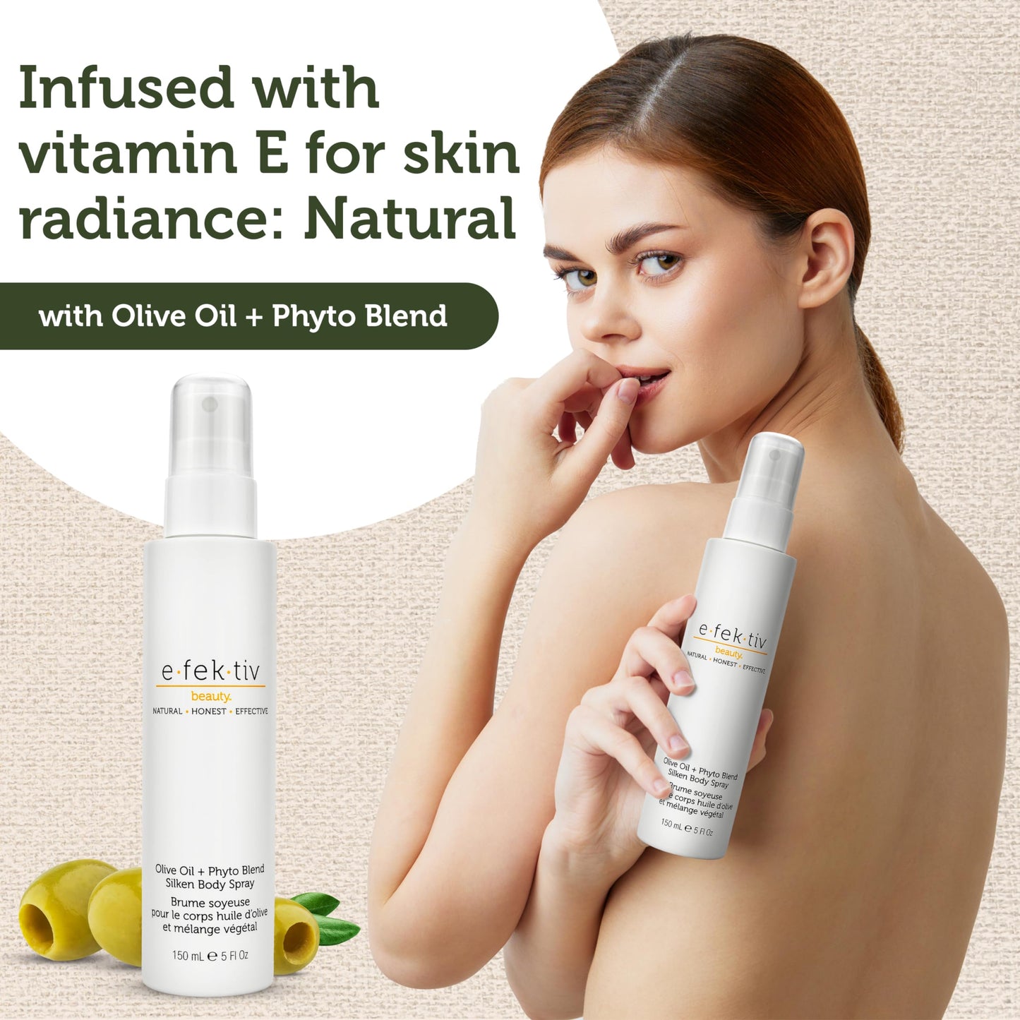 e.fek.tiv beauty Spray de Aceite de Oliva + Mezcla de Fitosistemas para el Cuerpo - Bruma Hidratante - Tratamiento de la Piel Seca - Aceite de Hidratación Intensa - Libre de Crueldad - 148 ml