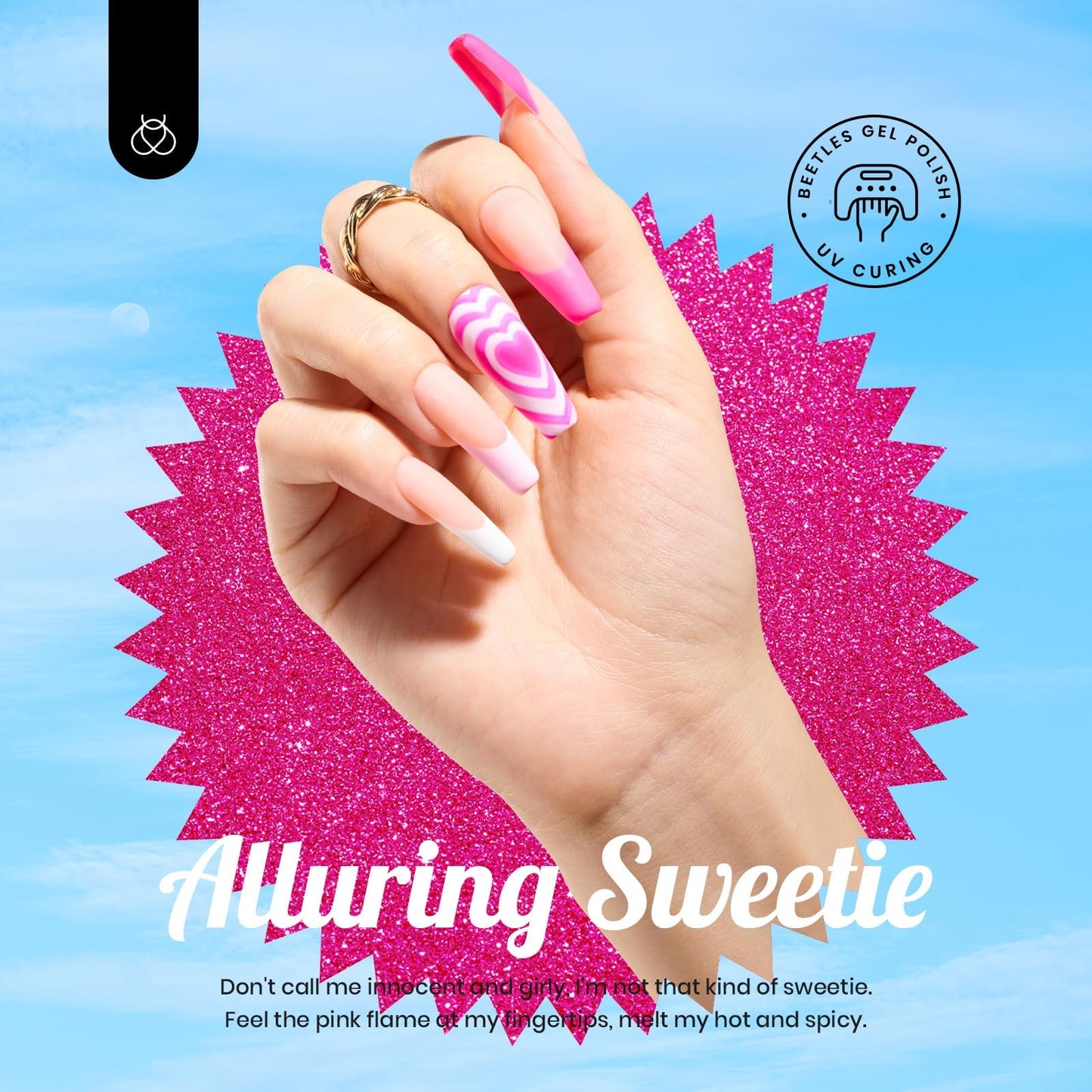 Beetles - Juego de esmalte de uñas en gel rosa, 20 colores, colección Alluring Sweetie, color nude, morado, purpurina, rojo, kit de manicura en gel ultravioleta con base, capa superior brillante y mate, regalo
