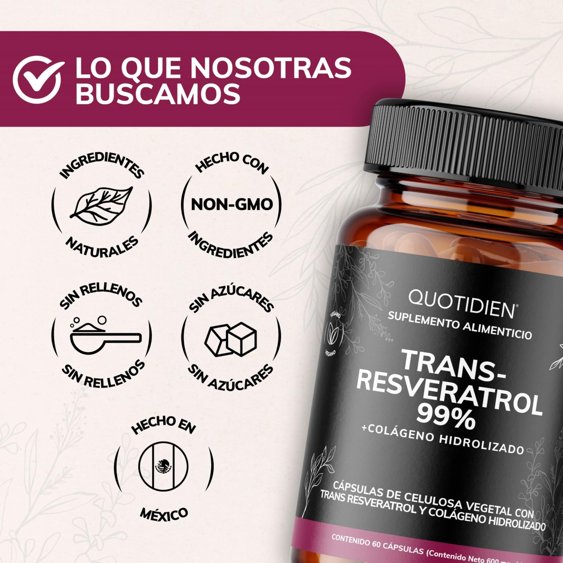 Cápsulas de Resveratrol Quotidien 99% Pureza Máxima con Colágeno Hidrolizado