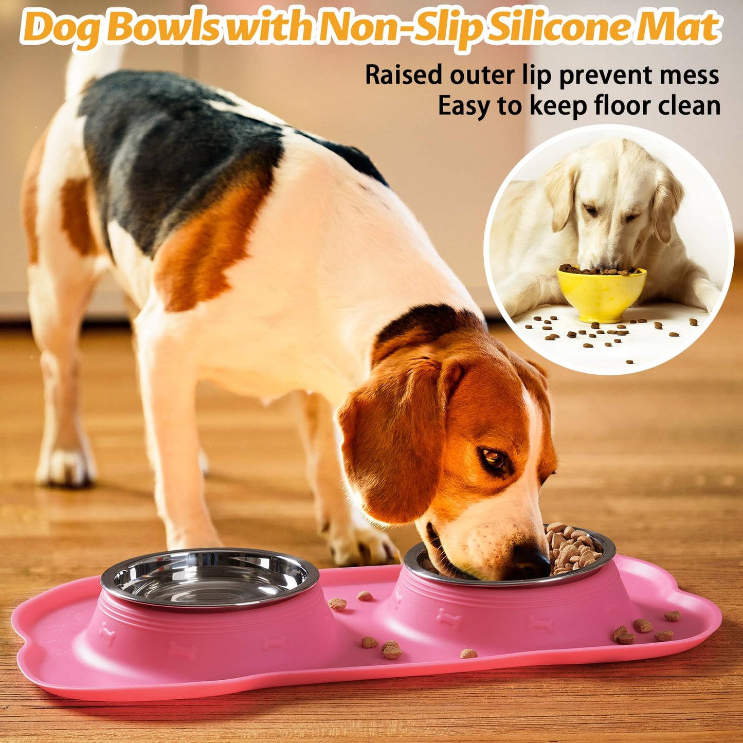 Hubulk Pet Dog Bowls 2 Stainless Steel Dog Bowl with No Spill Non-Skid Silicone Mat + Pet Food Scoop Feeder Bowls for Feeding Dogs Cats Puppies Small Medium (S, Pink)