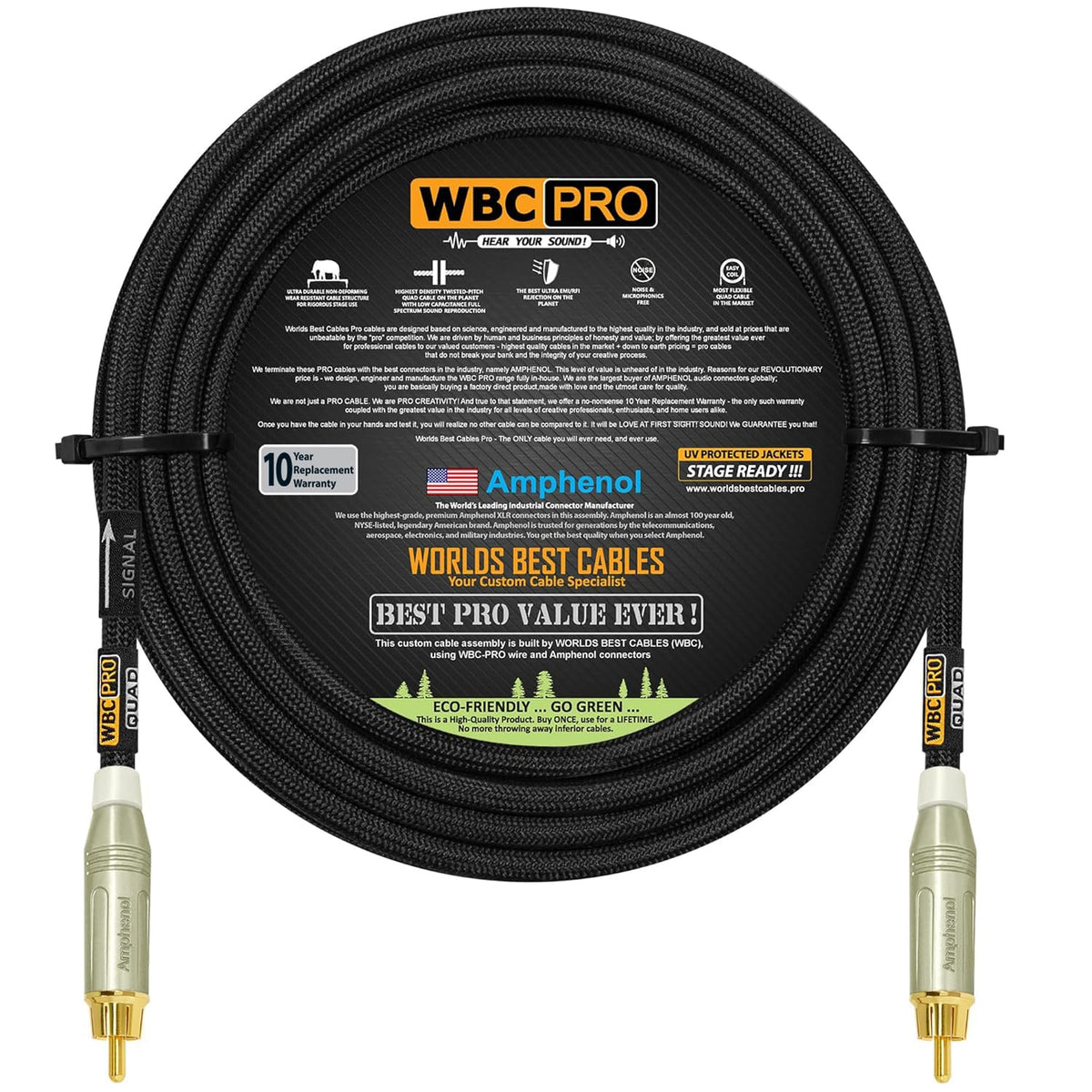 Cable de Subwoofer WBC-PRO Negros Ultra Silencioso Ultra-Flexible Con Amphenol y Conectores RCA Chapados en Oro