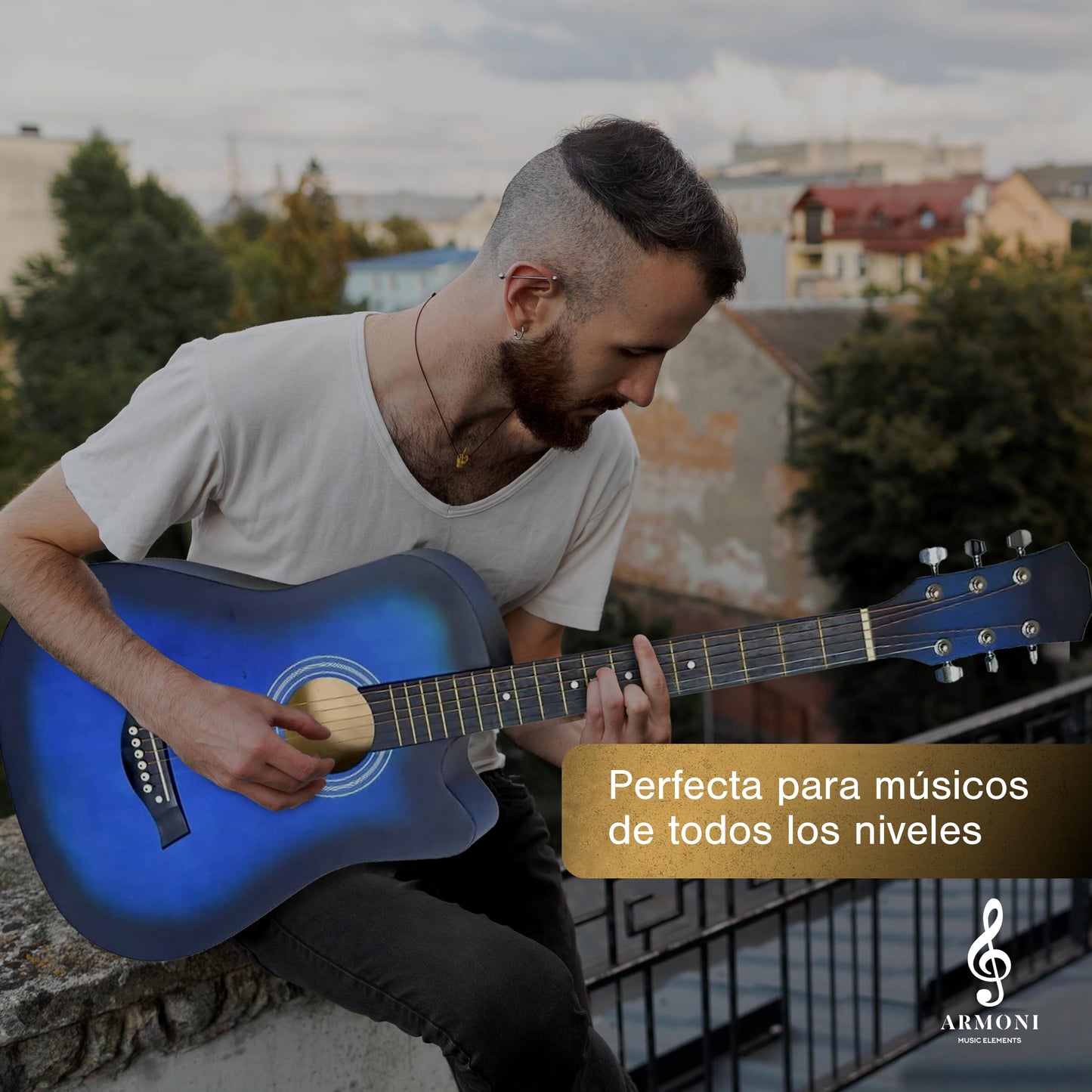 Guitarra Acústica Curva Armoni 4/4 con Accesorios Completos | Guitarra Azul - Cuello de Abeto, Cuerdas de Nailon, Funda, Púas y Más