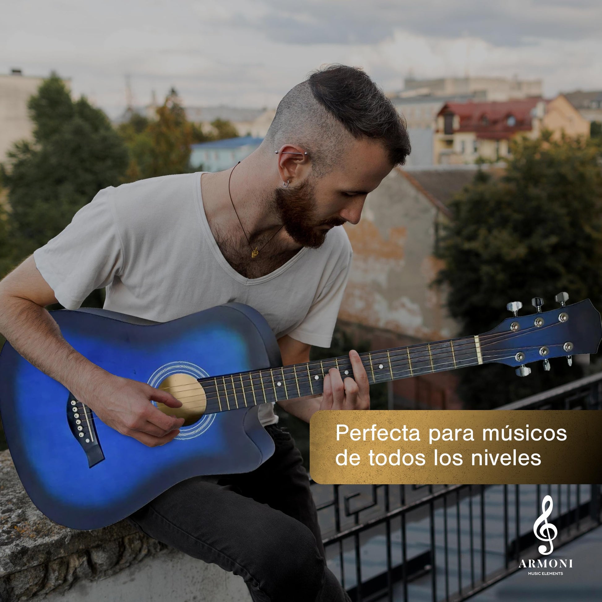Guitarra Acústica Curva Armoni 4/4 con Accesorios Completos | Guitarra Azul - Cuello de Abeto, Cuerdas de Nailon, Funda, Púas y Más