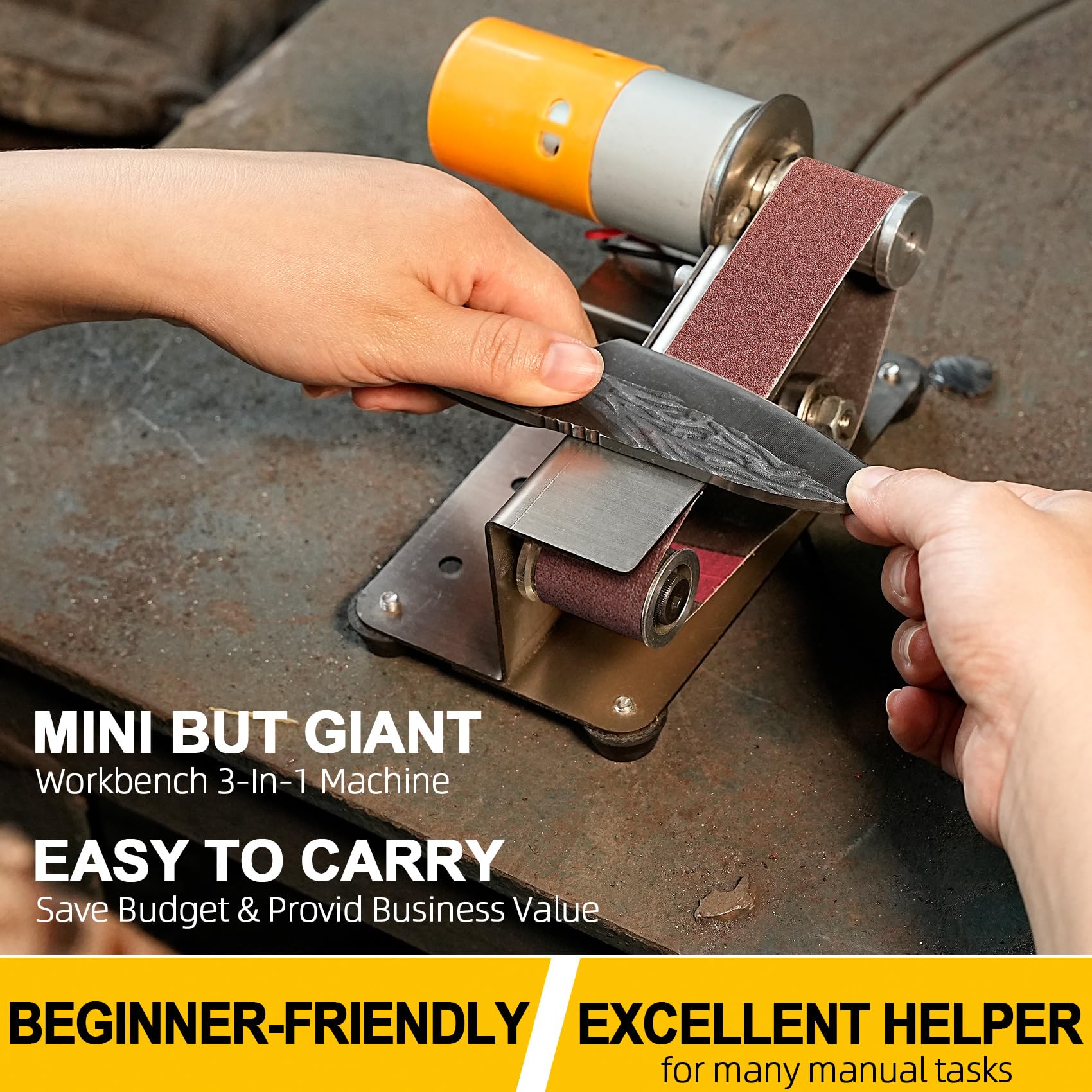 NuoDunco Mini lijadora de correa 3 en 1, afilador de cuchillos de 15 grados, lijadora de banco eléctrica, pulidora con 7 velocidades ajustables para bricolaje y manualidades en metal, madera