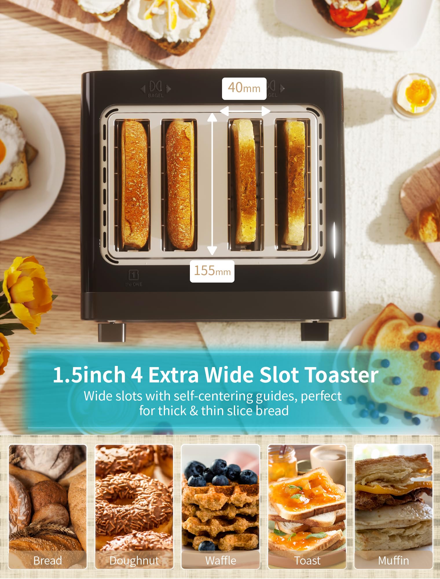 Gevi tostador de 4 rodajas, visualización LED táctil tostador de bagel con paneles de control dual de bagel/recalentamiento/descongelación/cancelación/tostado una rebanada/función más larga, ajuste de 6 tonos